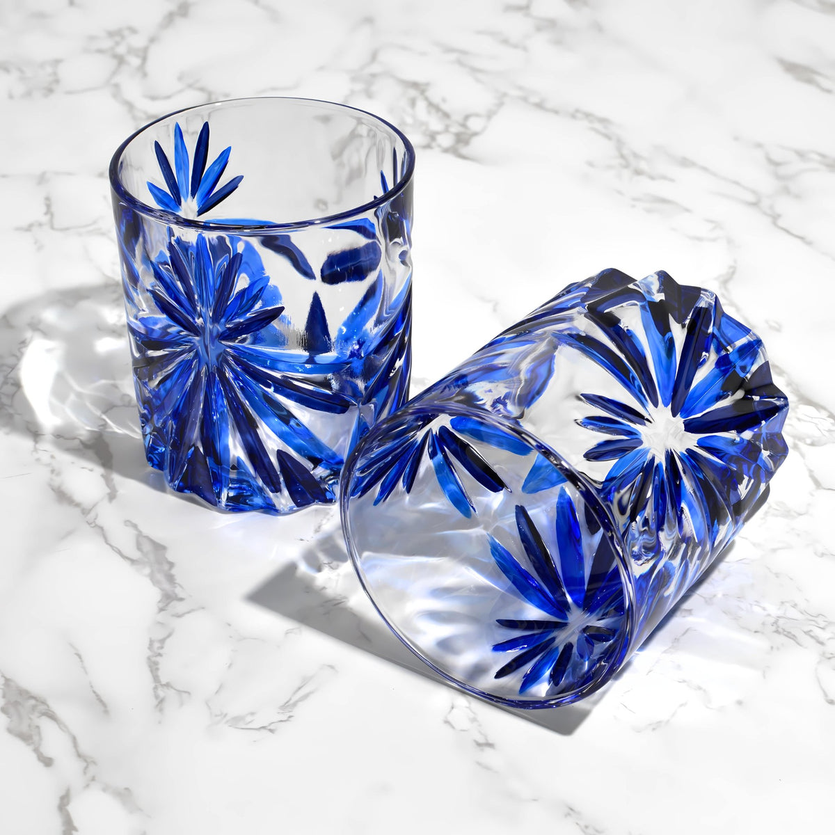 Starburst Short Drink Glasses, Hand-Painted Italian Crystal, Sapphire Blue