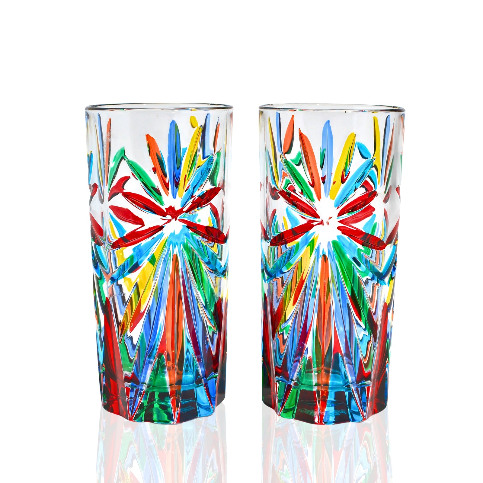 Set of two DZ Starburst tall drink glasses, Italian-made tumblers with a distinctive starburst pattern, perfect for beverages.