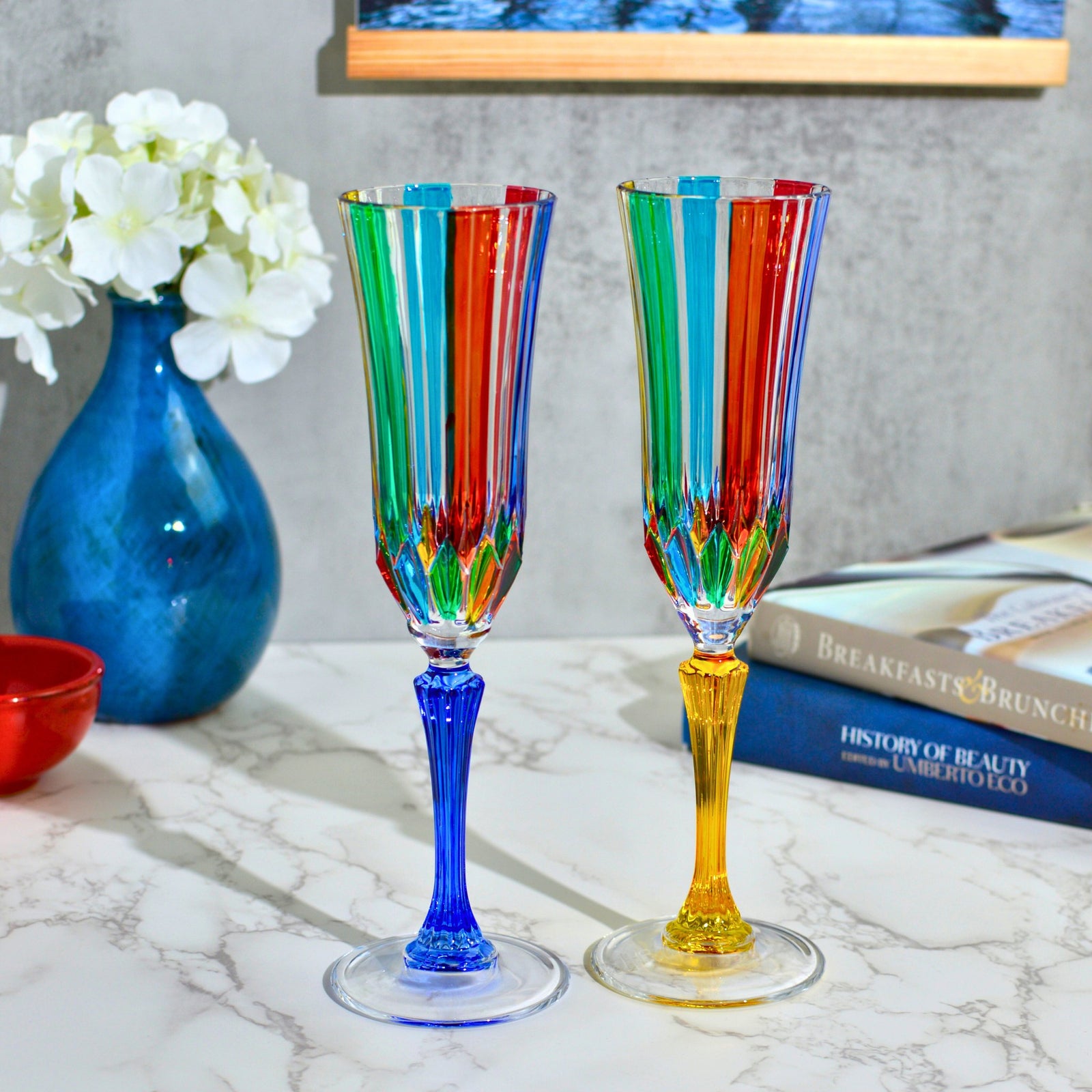 Set of two Swatch champagne glasses by MyItalianDecor, featuring cobalt and yellow accents, made in Italy, ideal for celebratory toasts.
