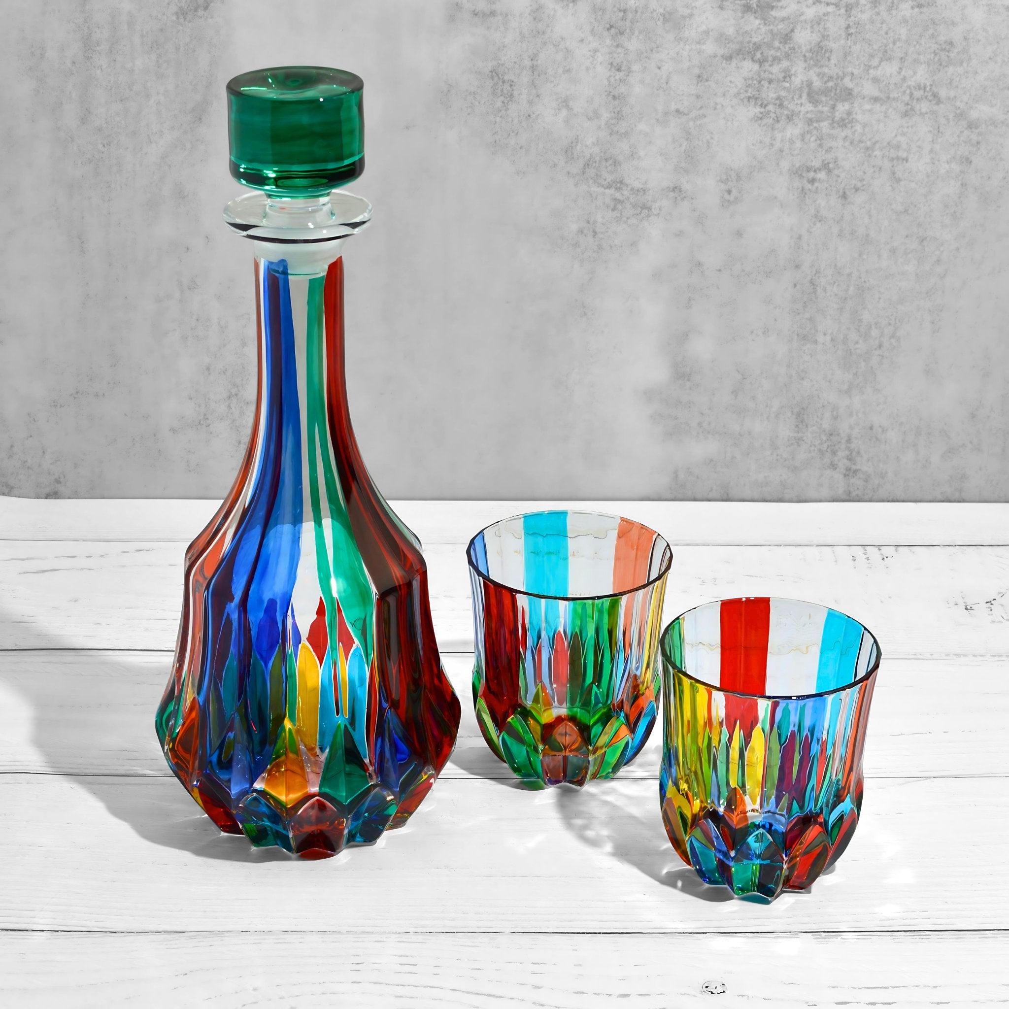 Round Swatch decanter by MyItalianDecor, hand-painted Italian crystal with a short top, showcasing elegant craftsmanship.