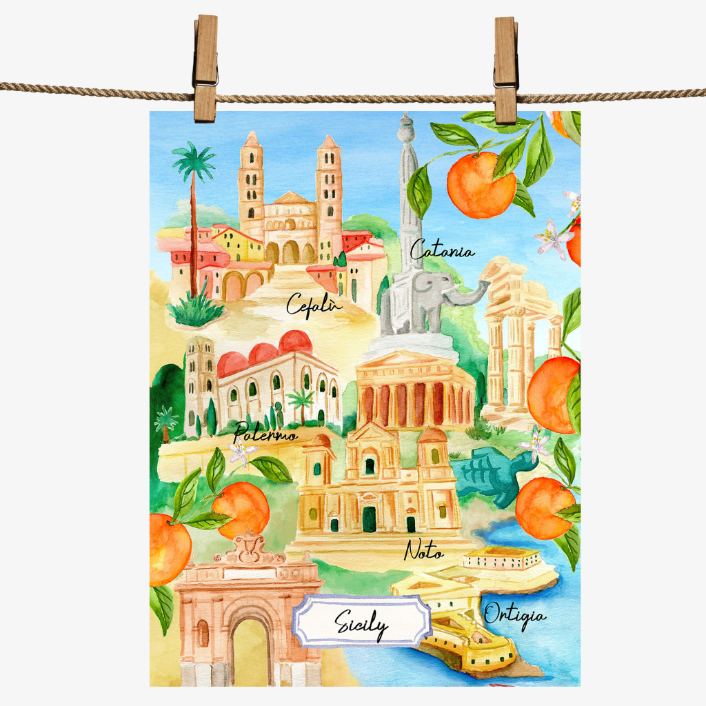 Italian linen kitchen towel featuring watercolor Sicily art by My Italian Decor, soft textured fabric perfect for kitchen use.