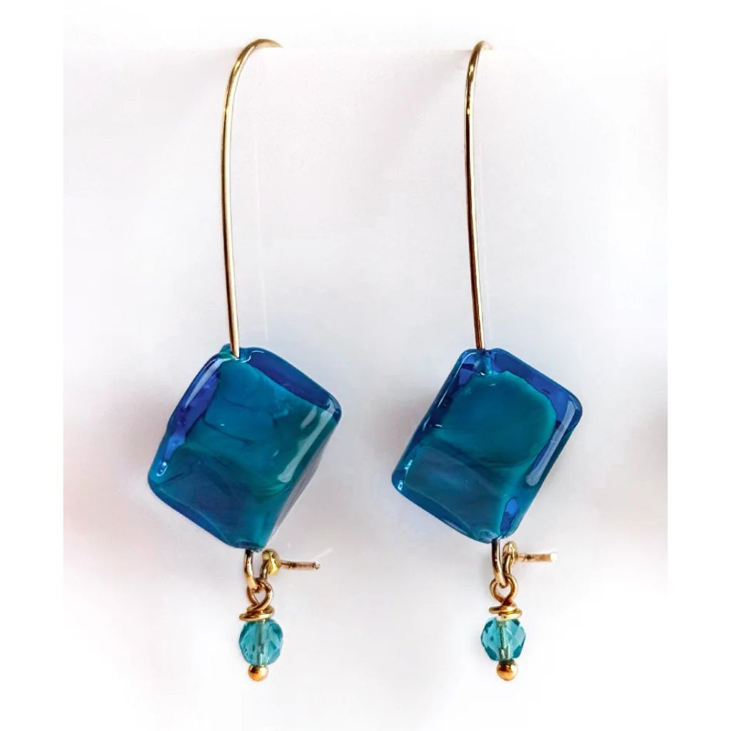 Gold Murano Glass Dolce Earrings handcrafted in Italy, featuring cube-shaped glass design with intricate craftsmanship by My Italian Decor.