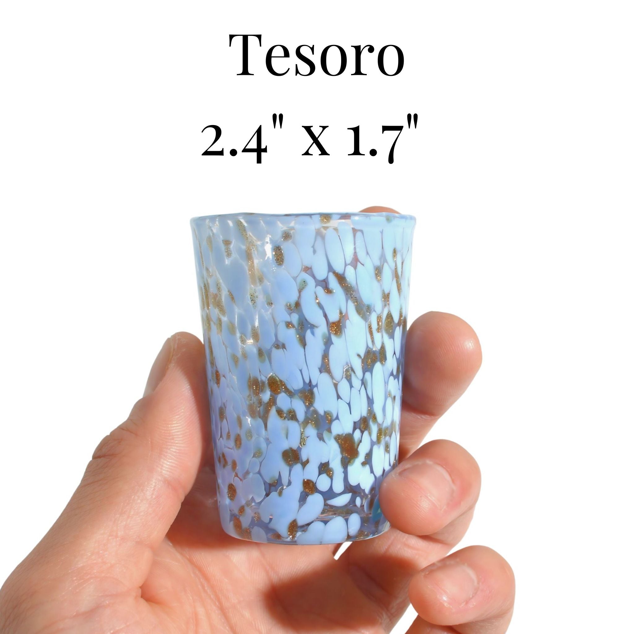 Elegant Murano Glass Tesoro shot glasses from Italy, handcrafted with colorful, intricate designs, ideal for stylish drinkware.