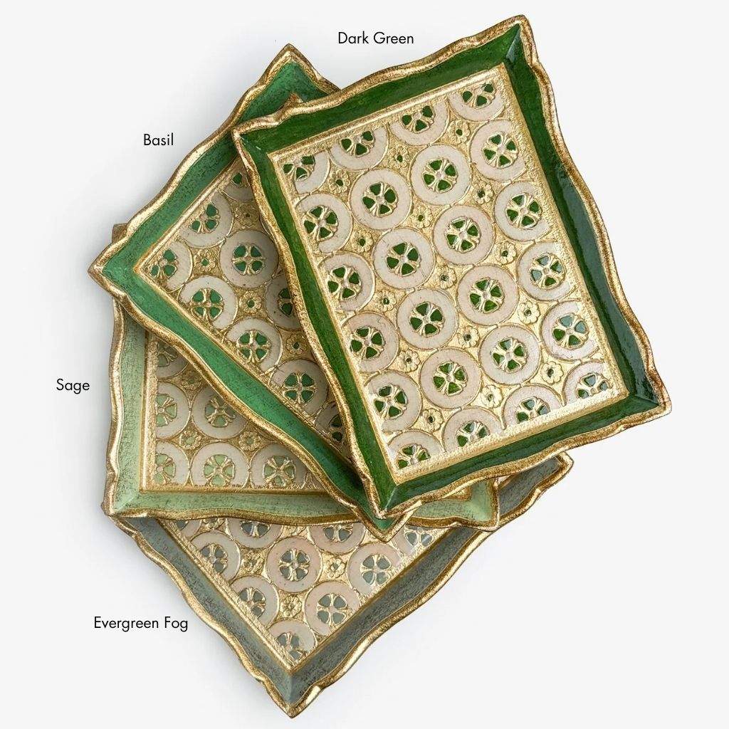 Green Florentine carved wood rectangle tessellated mini tray by My Italian Decor, showcasing intricate tessellation and decorative carving.
