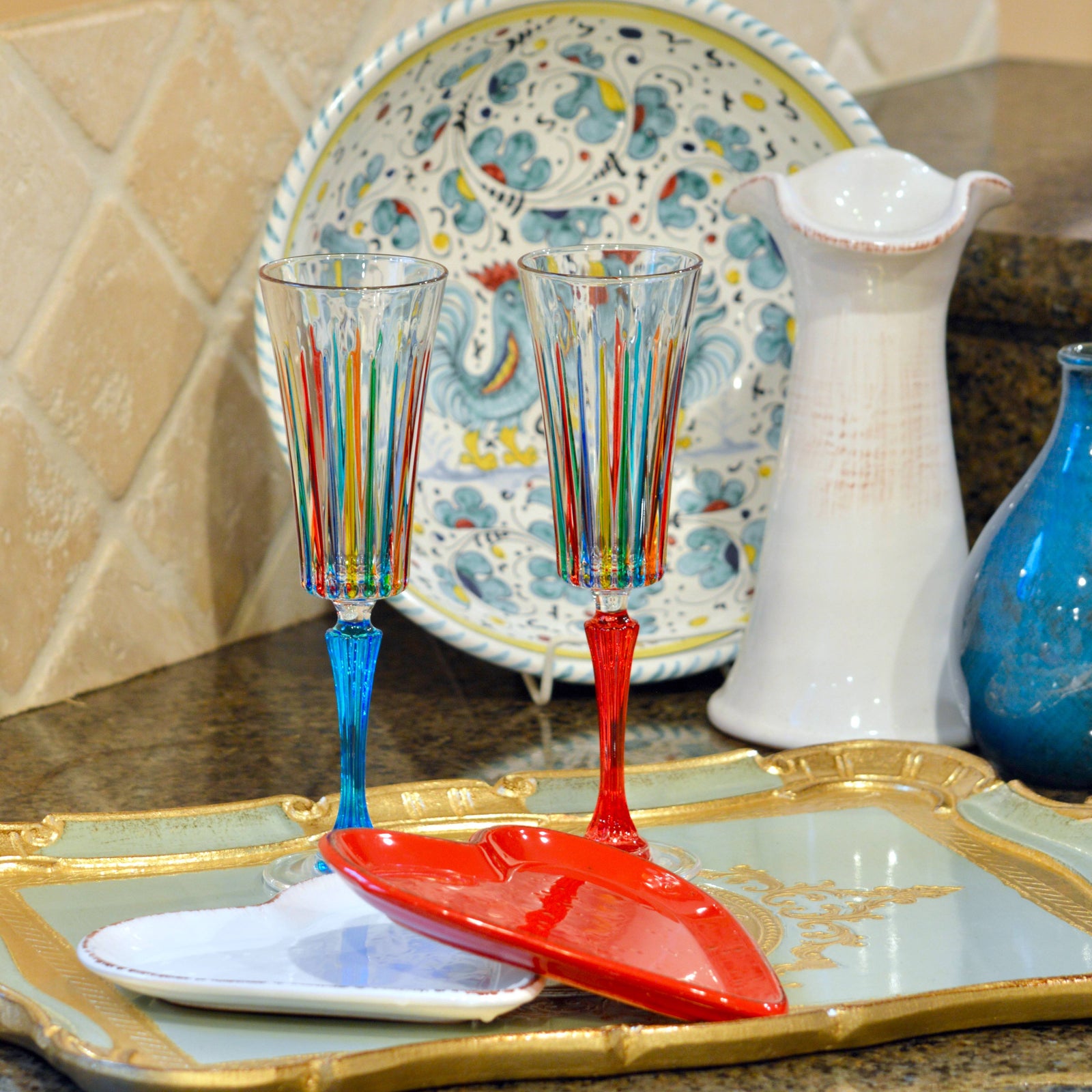 Set of 2 DZ timeless champagne glasses, hand-painted Italian crystal with elegant, clear bowl and slender stem for luxury drinking.