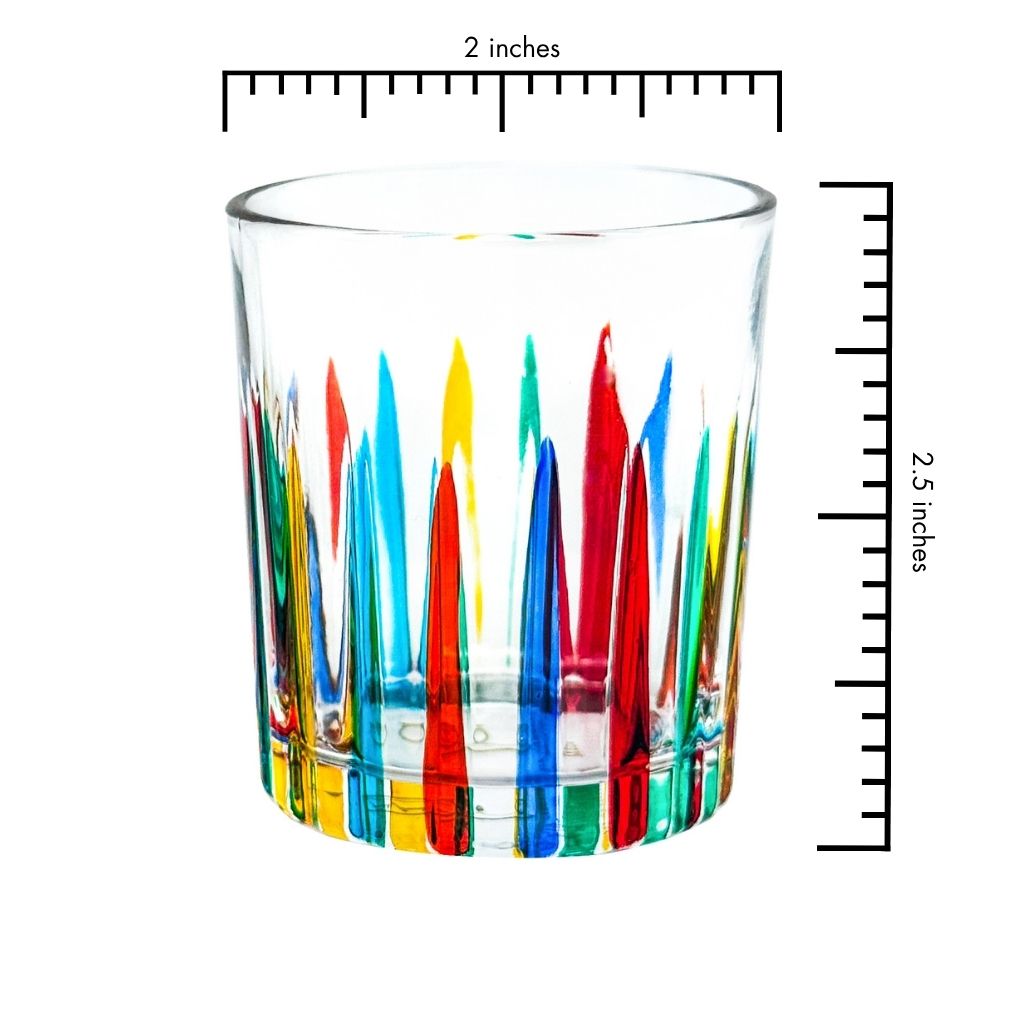 Set of six hand-painted Italian crystal shot glasses with timeless design, displayed alongside a scale ruler for size reference.