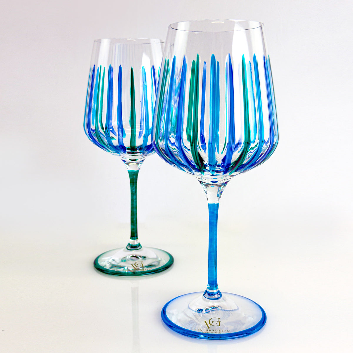 Italian Crystal Set of 2 Spritz Wine Glass, Blue/Green, Made in Italy