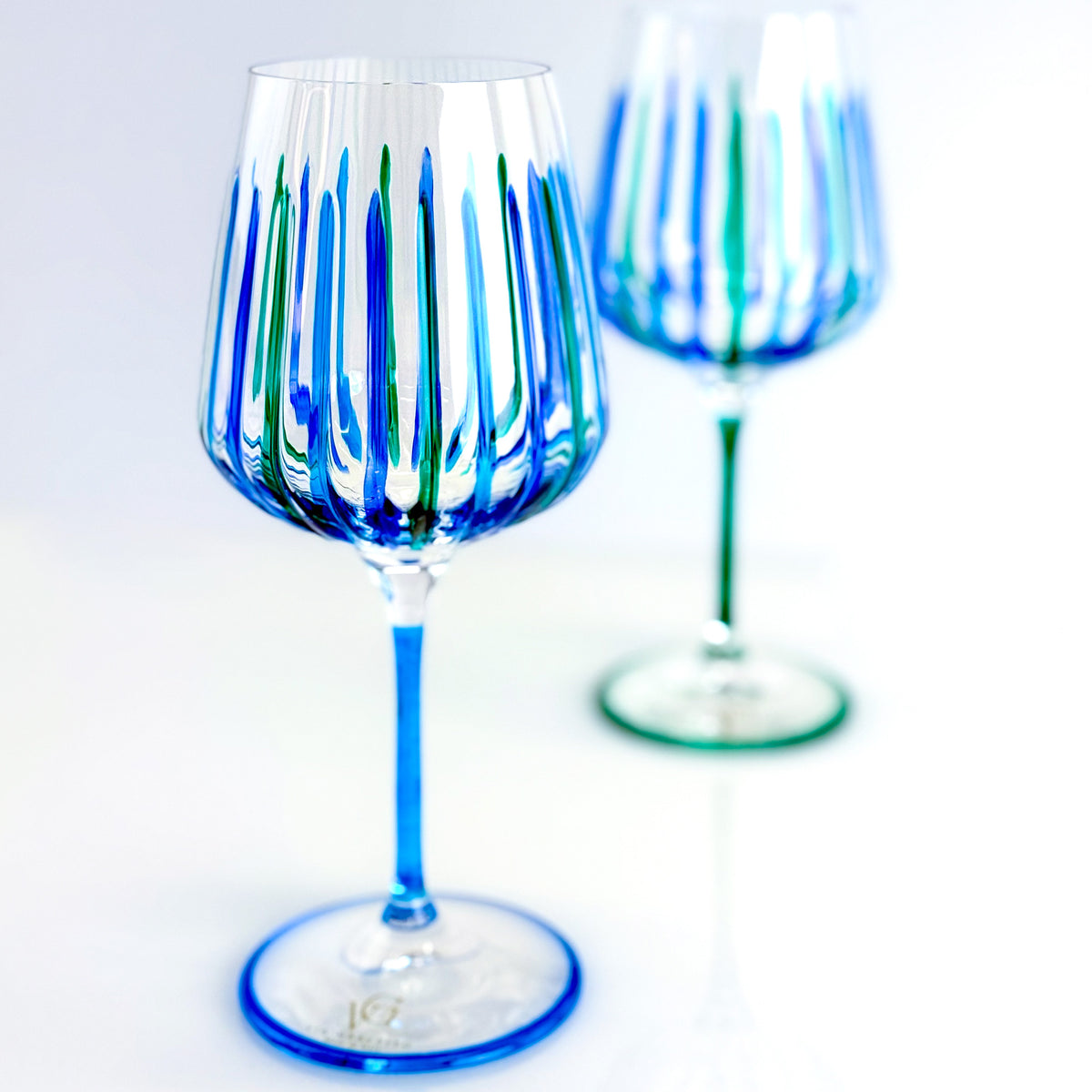 Italian Crystal Set of 2 Spritz Wine Glass, Blue/Green, Made in Italy