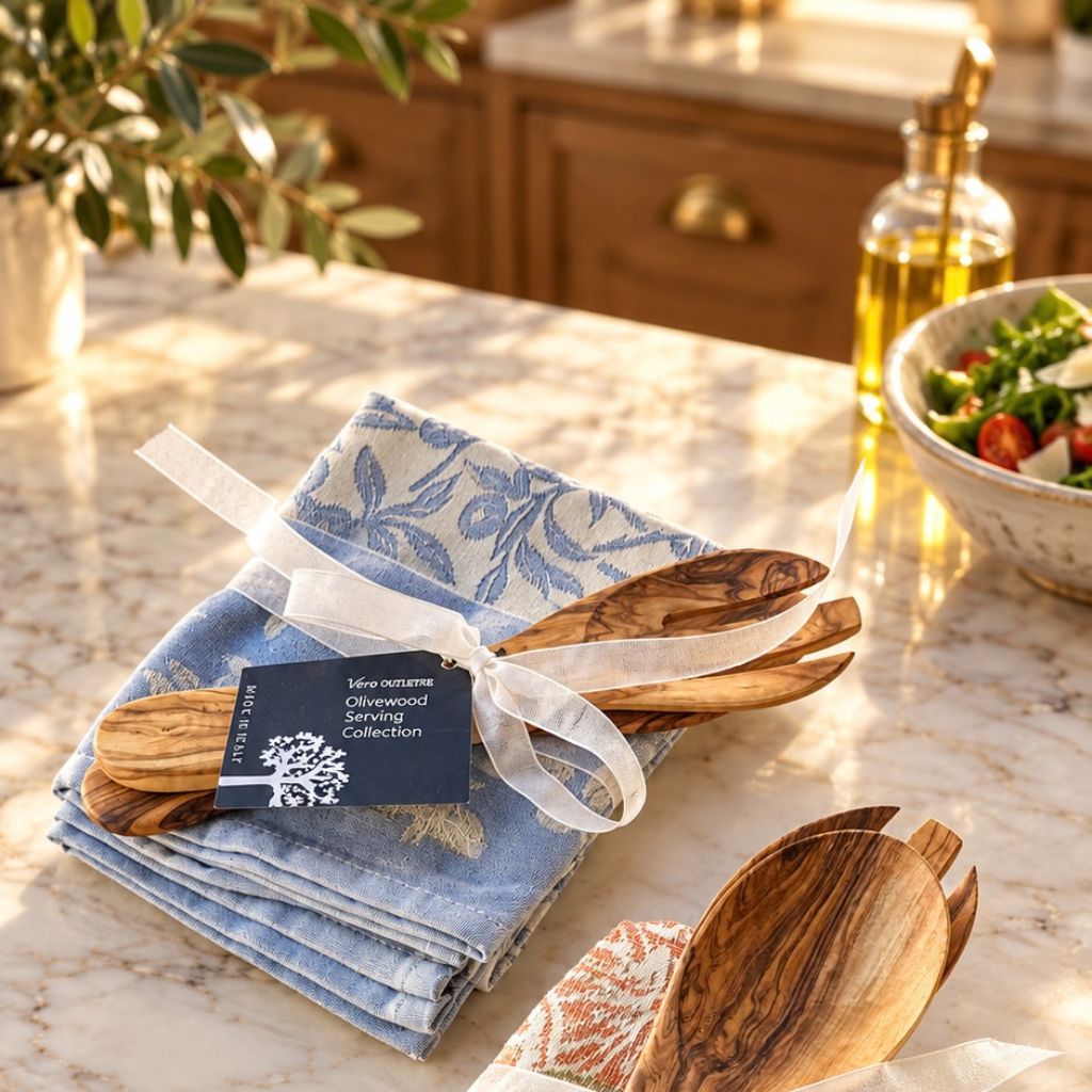 Kitchen Towel with Olivewood Servers Gift Set