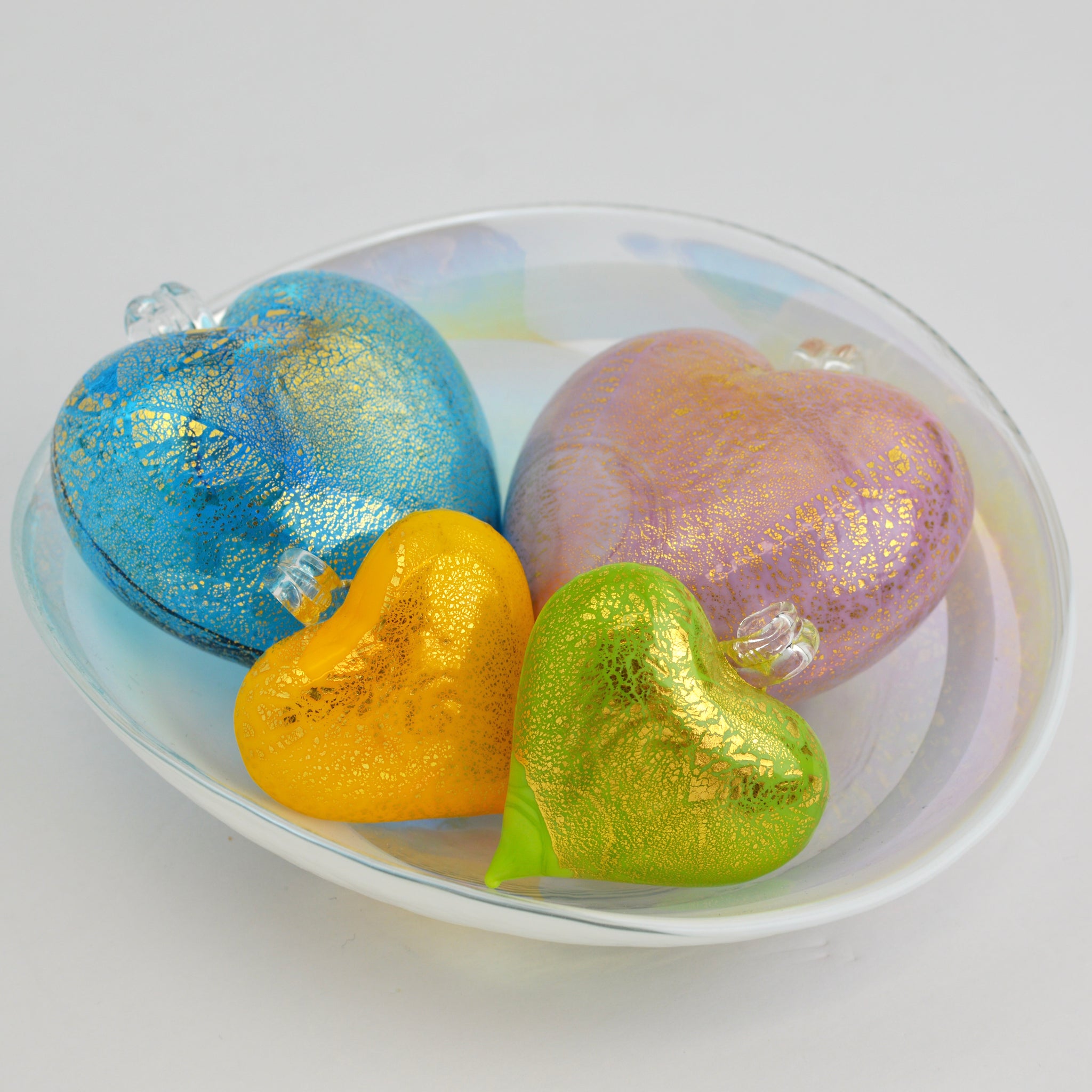 Colorful Murano Glass small heart ornament in pink, orange, and green, made in Italy, perfect for holiday decoration.