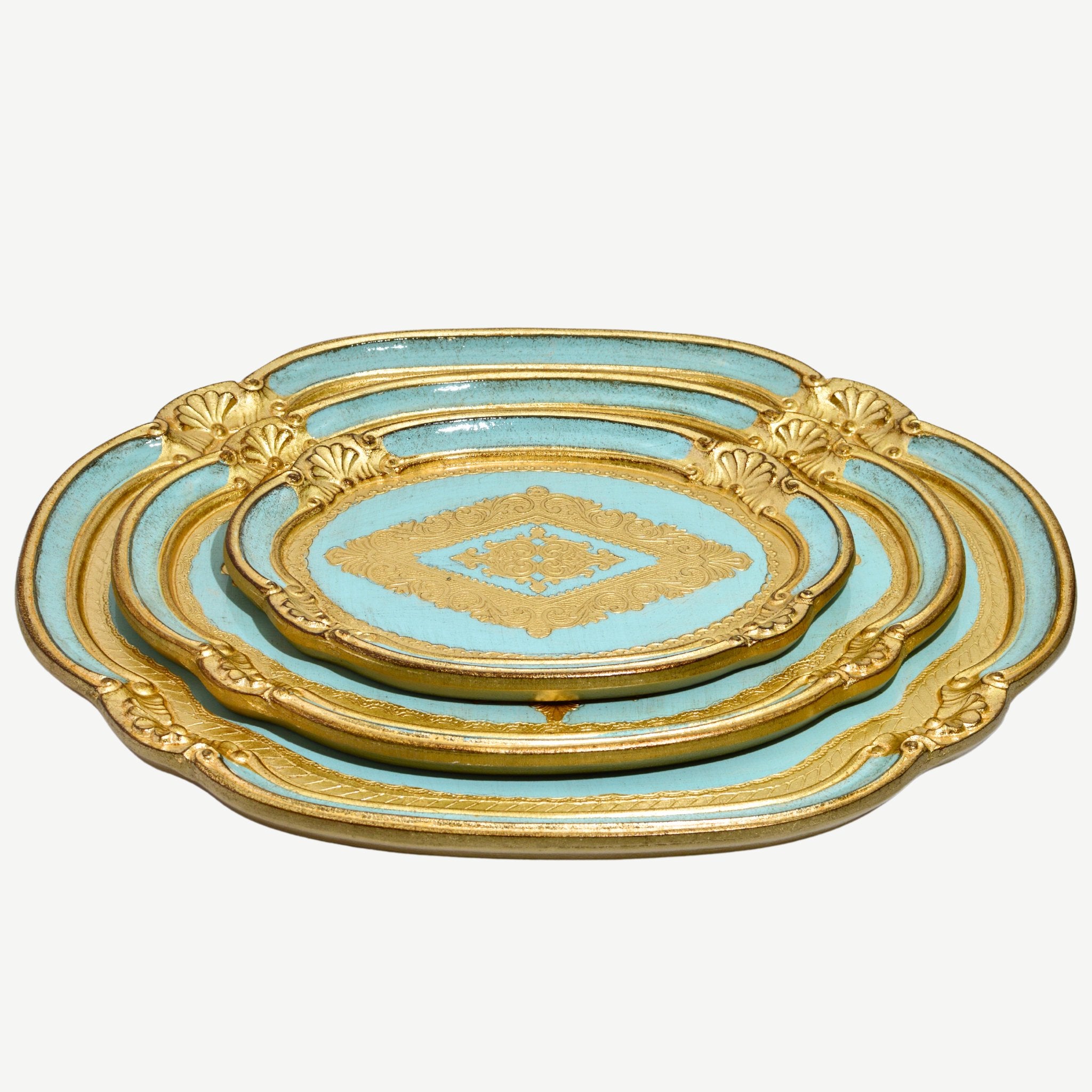 Light blue Florentine carved wood oval tray by My Italian Decor, decorative tray with intricate patterns in multiple sizes.