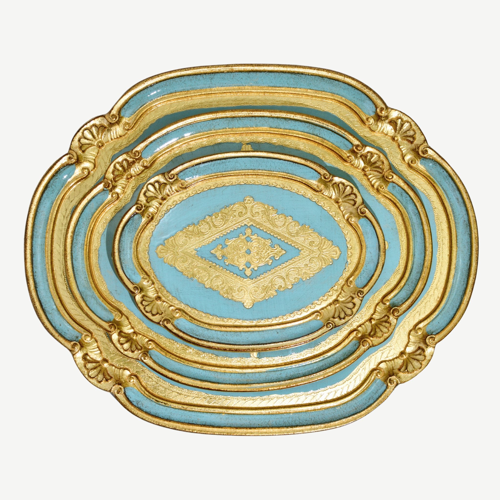Light blue Florentine carved wood oval decorative tray by My Italian Decor, shown in multiple sizes with intricate carved details.