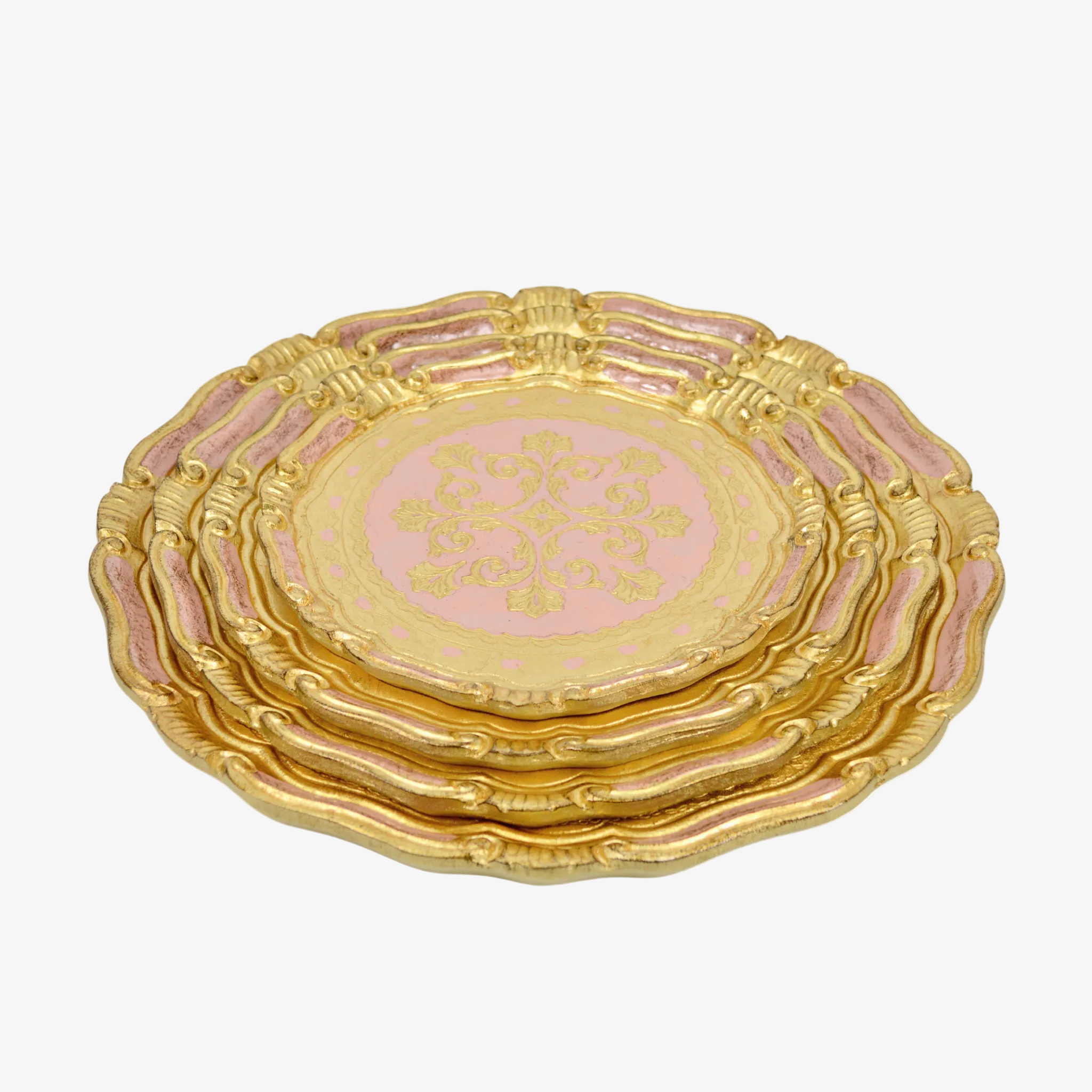 Florentine carved gilded wood circle tray by My Italian Decor, decorative Italian tray with pink finish stacked for display
