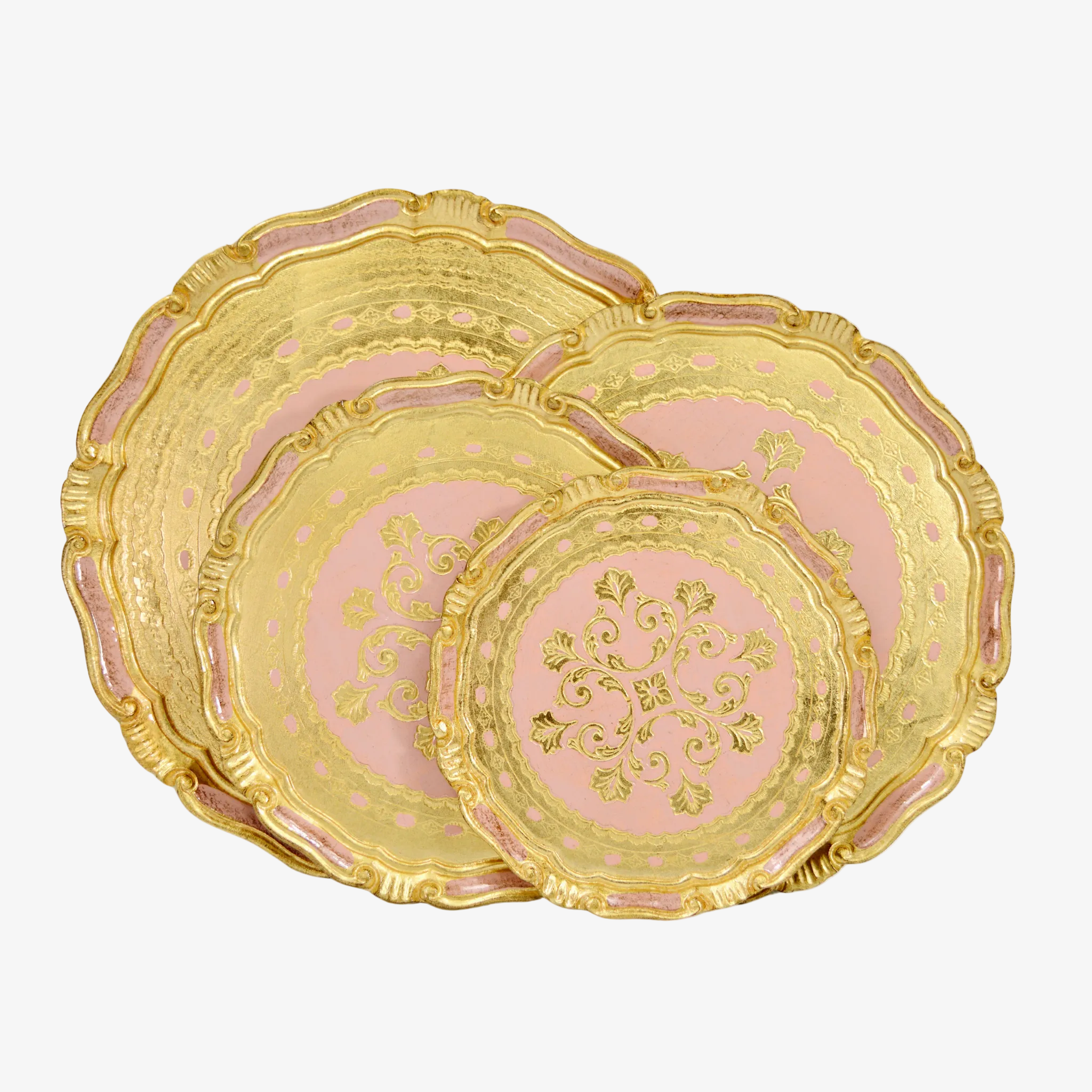 Decorative Florentine carved gilded wood circle tray with intricate pink design, made in Italy by My Italian Decor.