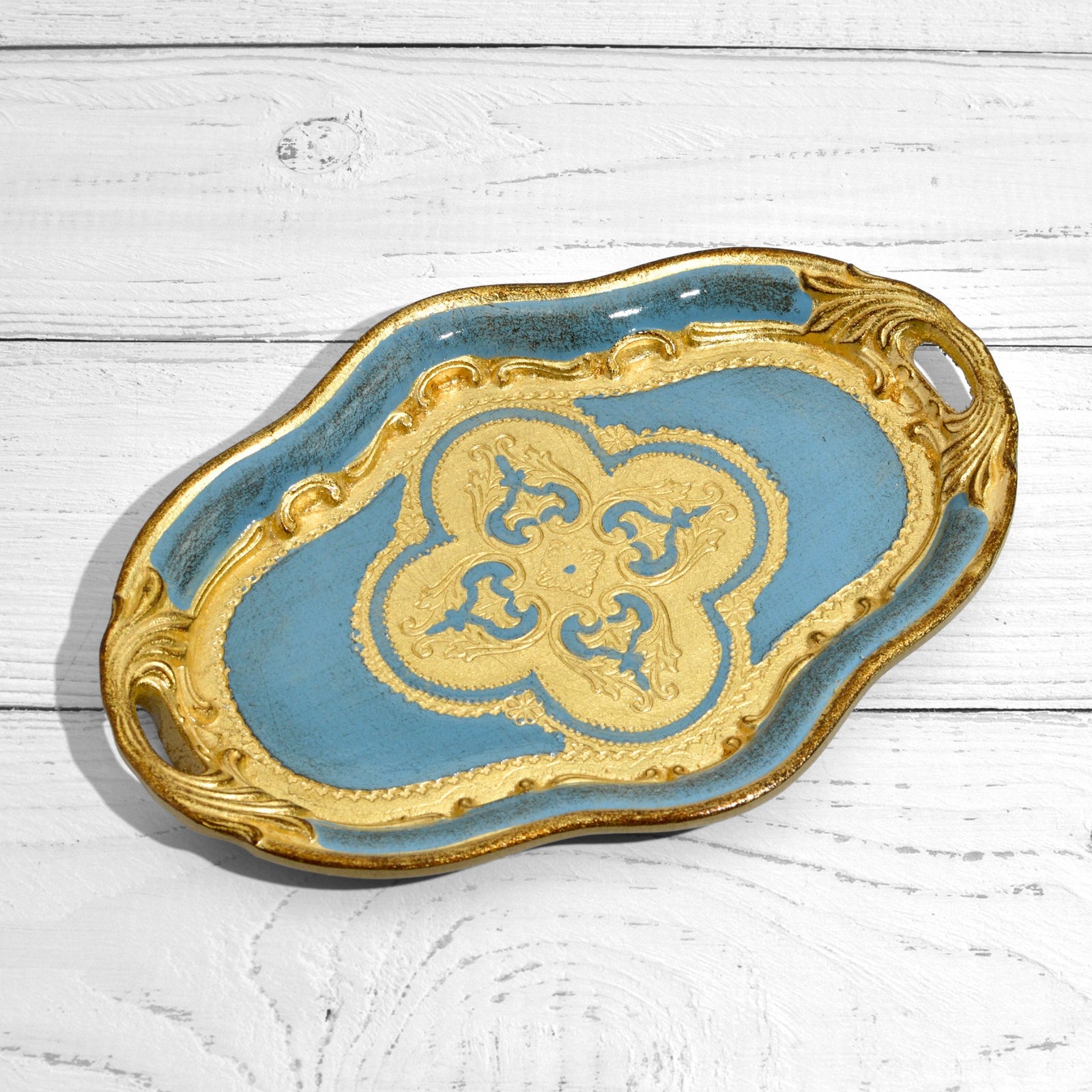 Small Florentine wood oval tray with handles, decorative tray by My Italian Decor, viewed from the top showcasing its design.