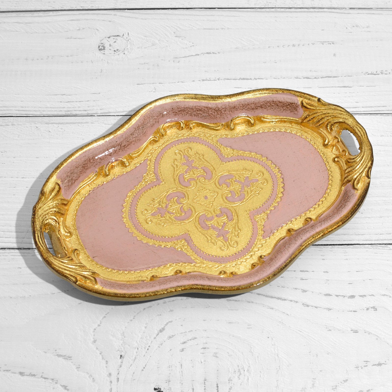 Small Florentine wood oval tray with handles, decorative tray by My Italian Decor, viewed from the top showcasing its design.