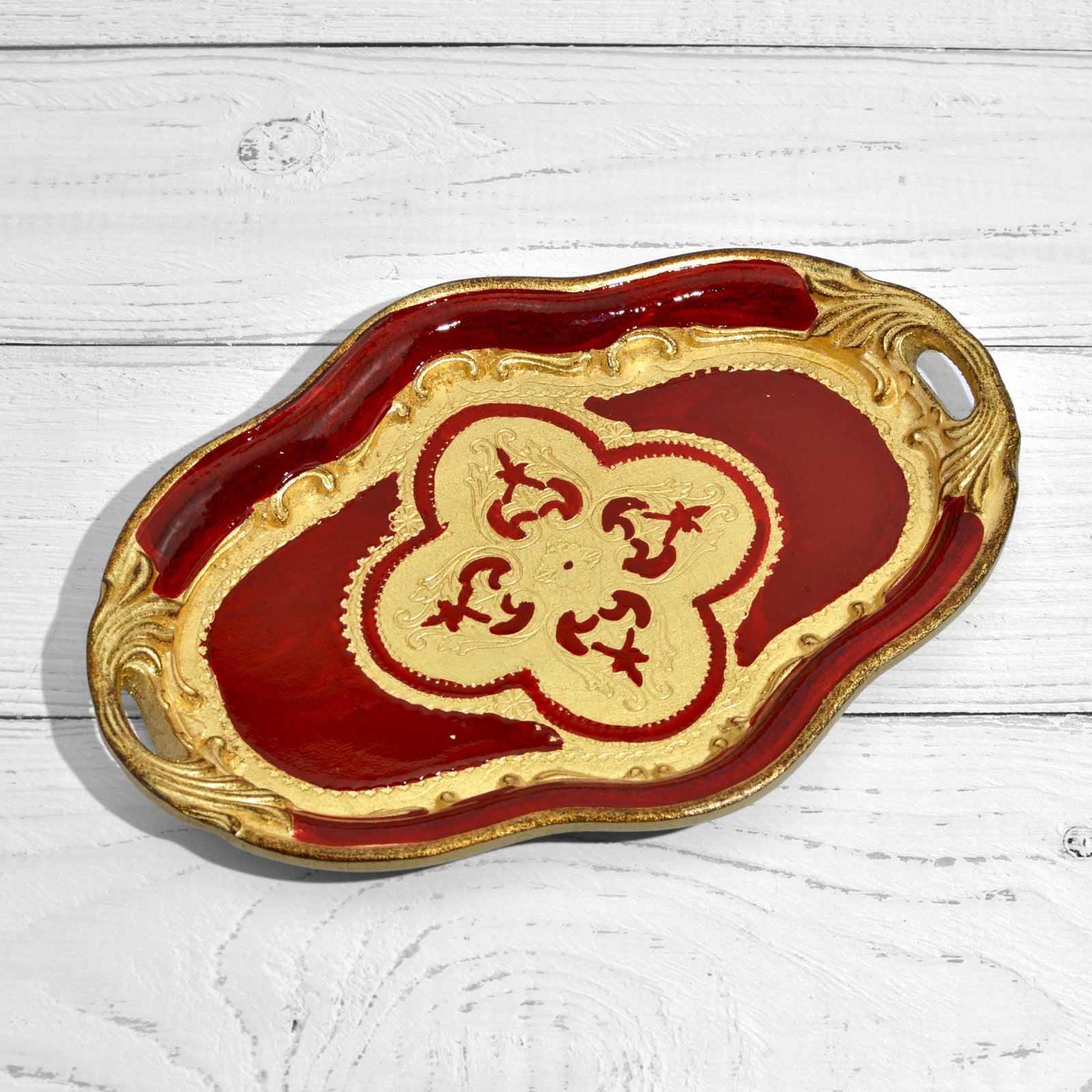 Small Florentine wood oval tray with handles, decorative tray by My Italian Decor, viewed from the top showcasing its design.