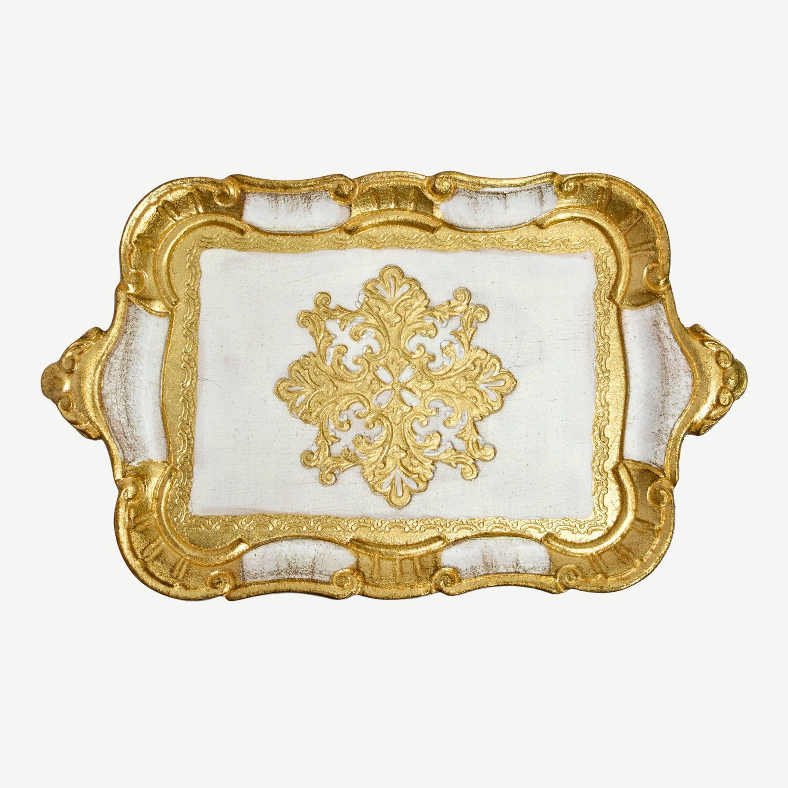 Small Florentine carved wood tray with handles, decorative Italian tray by My Italian Decor, featuring intricate floral carvings and vibrant colors.