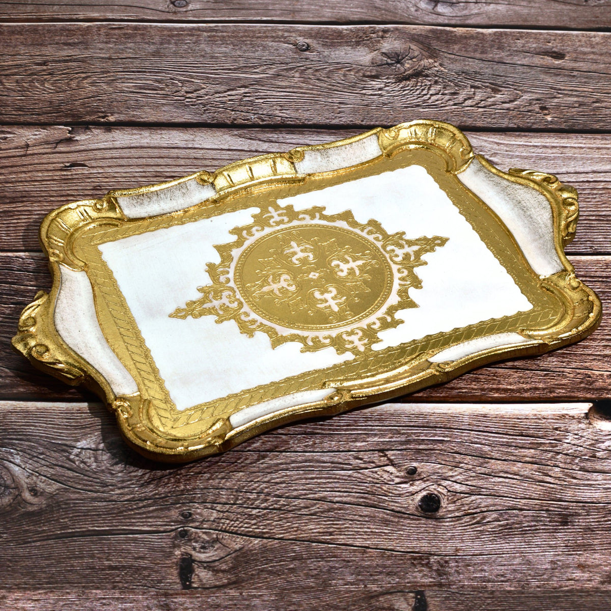 Florentine Carved Wood Tray, Rectangle with Scalloped Design