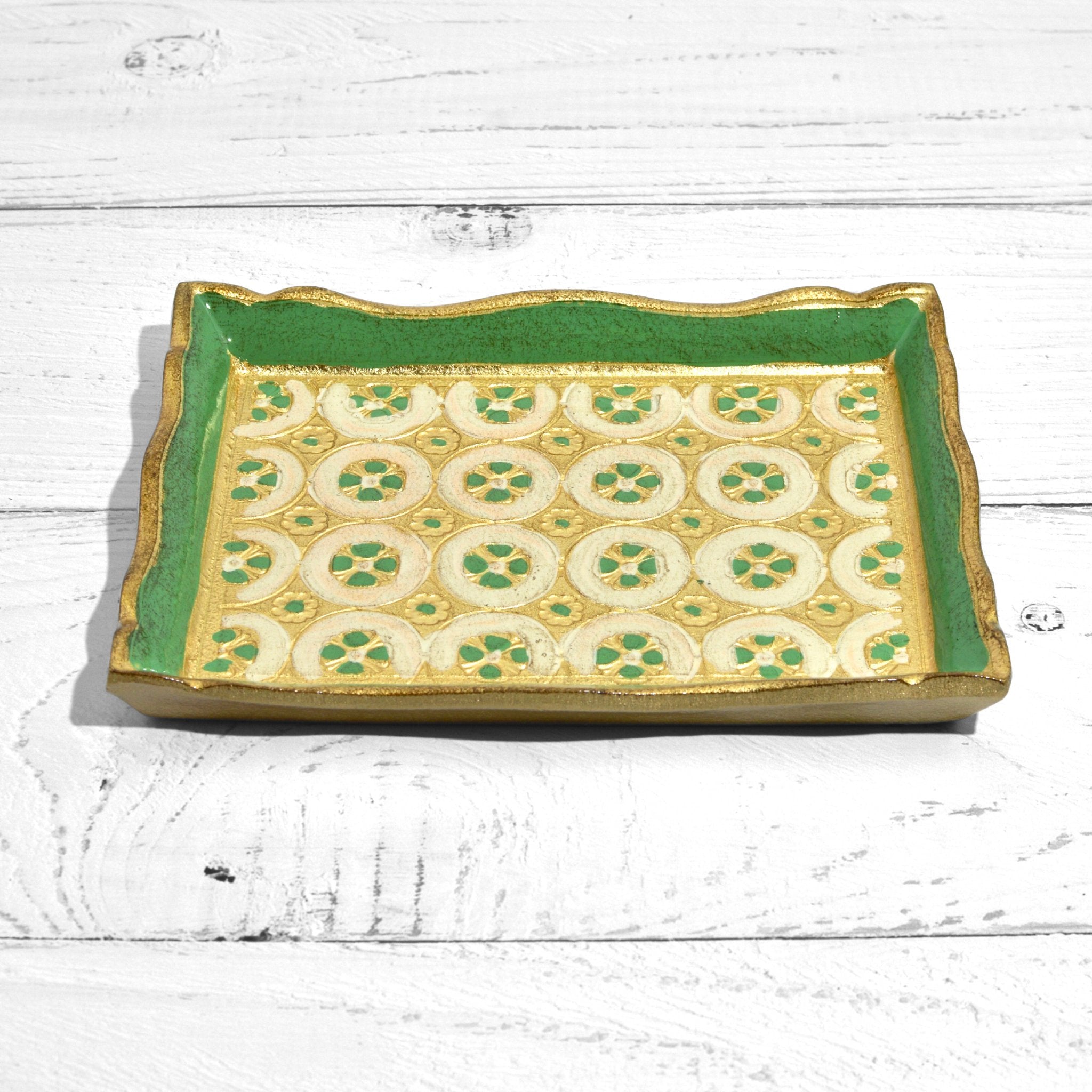 Florentine carved wood rectangle tessellated mini tray with intricate basil green pattern, handcrafted by My Italian Decor.