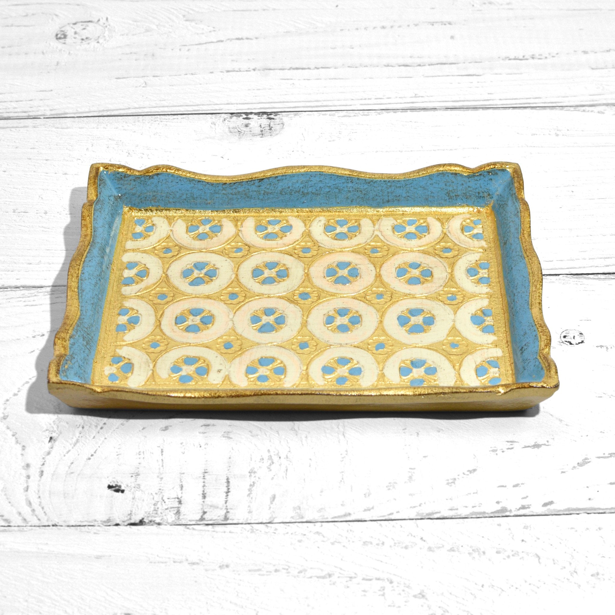 Florentine carved wood rectangle tessellated mini tray with intricate pattern, from My Italian Decor, on a decorative carpet background.