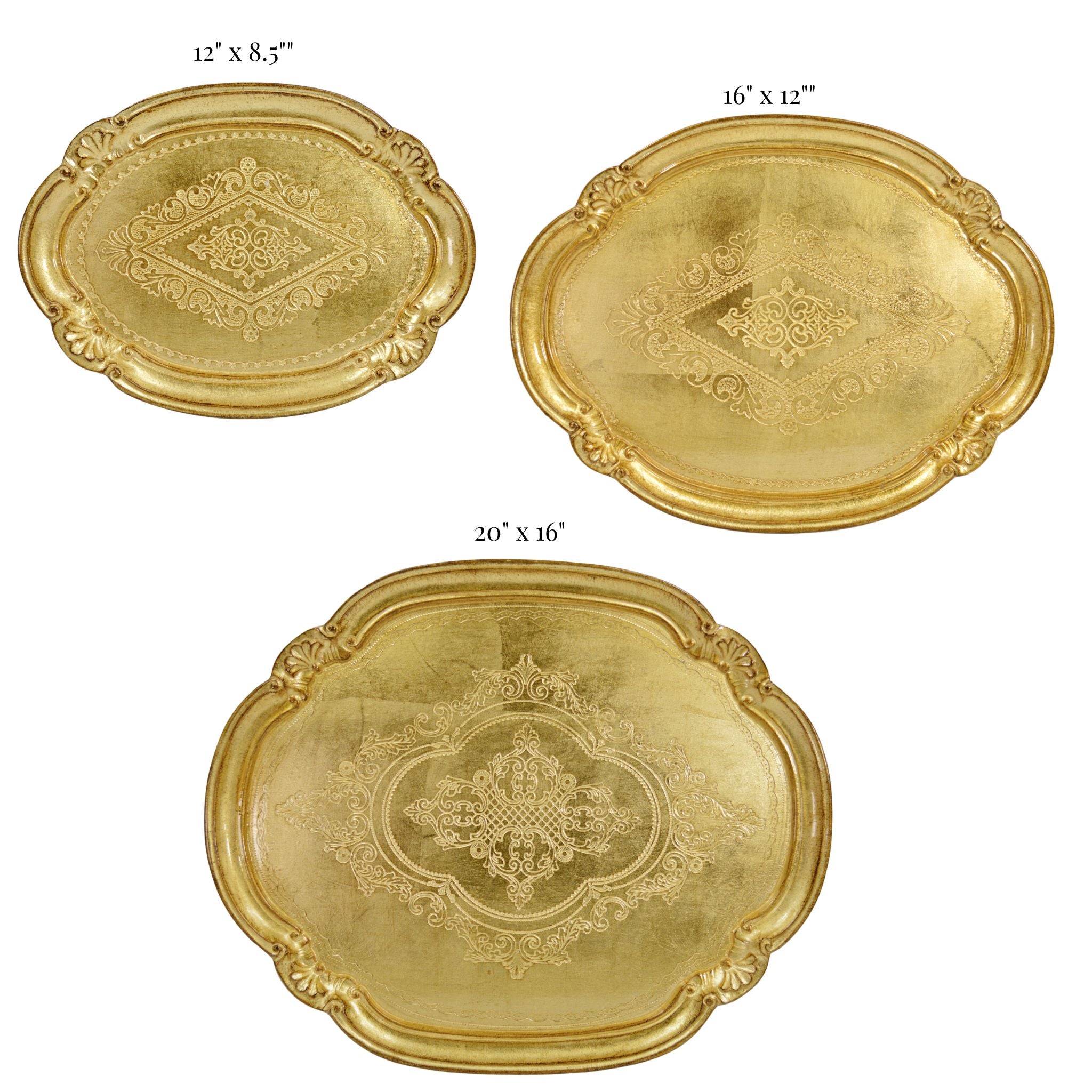 Decorative Florentine carved wood oval tray in gold with intricate details, available in multiple colors and sizes.