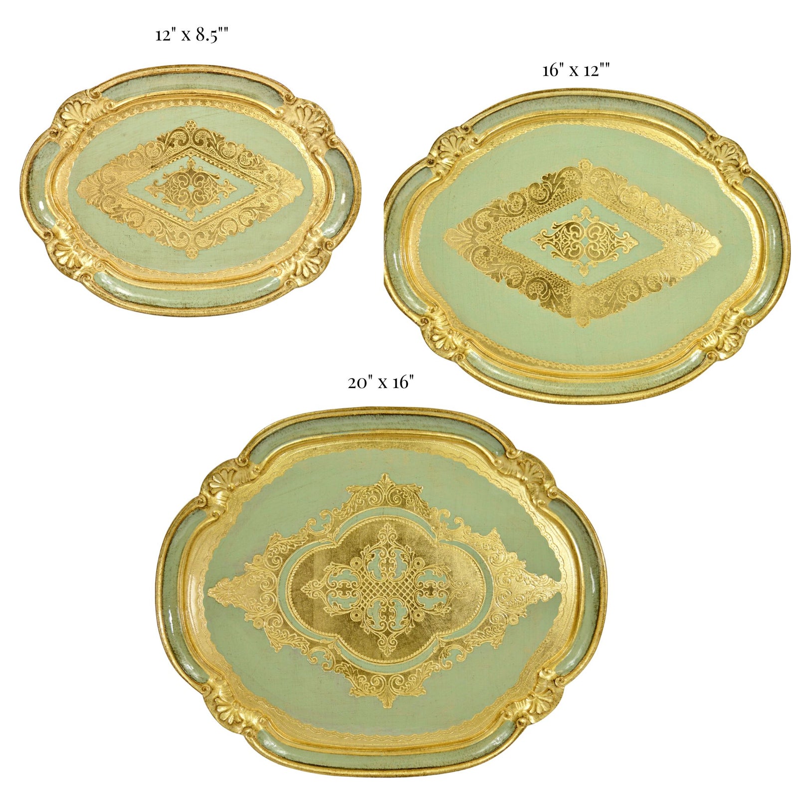 Decorative Florentine carved wood oval tray in sage green, available in multiple colors and sizes, by My Italian Decor.