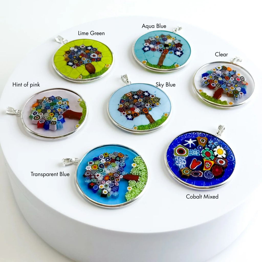 Sterling silver Millefiori Pendant Tree of Life necklace with 1.3-inch rim, showcasing colorful glass floral design.