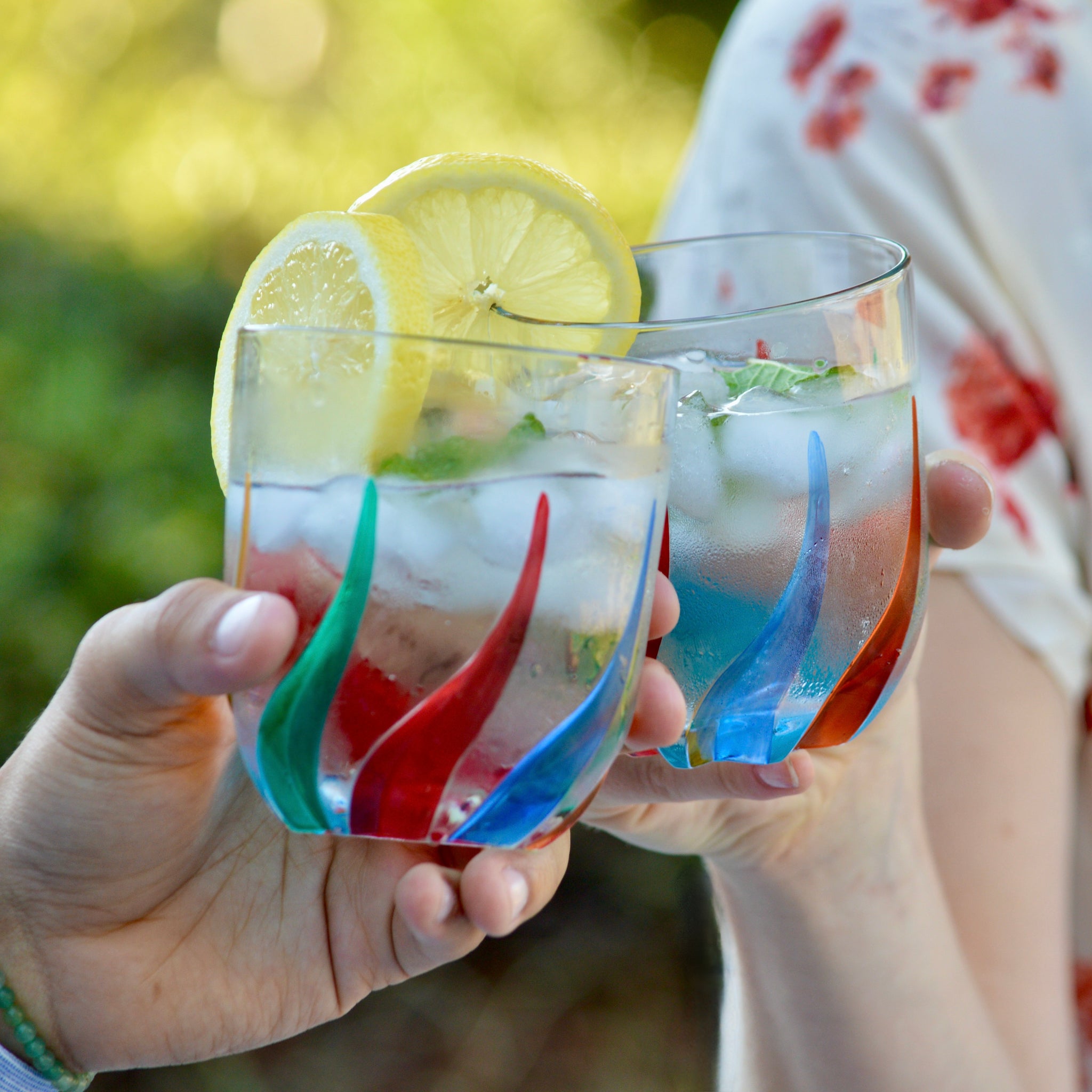 Set of two Trix short drink glasses by MyItalianDecor, hand-painted Italian crystal tumblers with colorful designs.