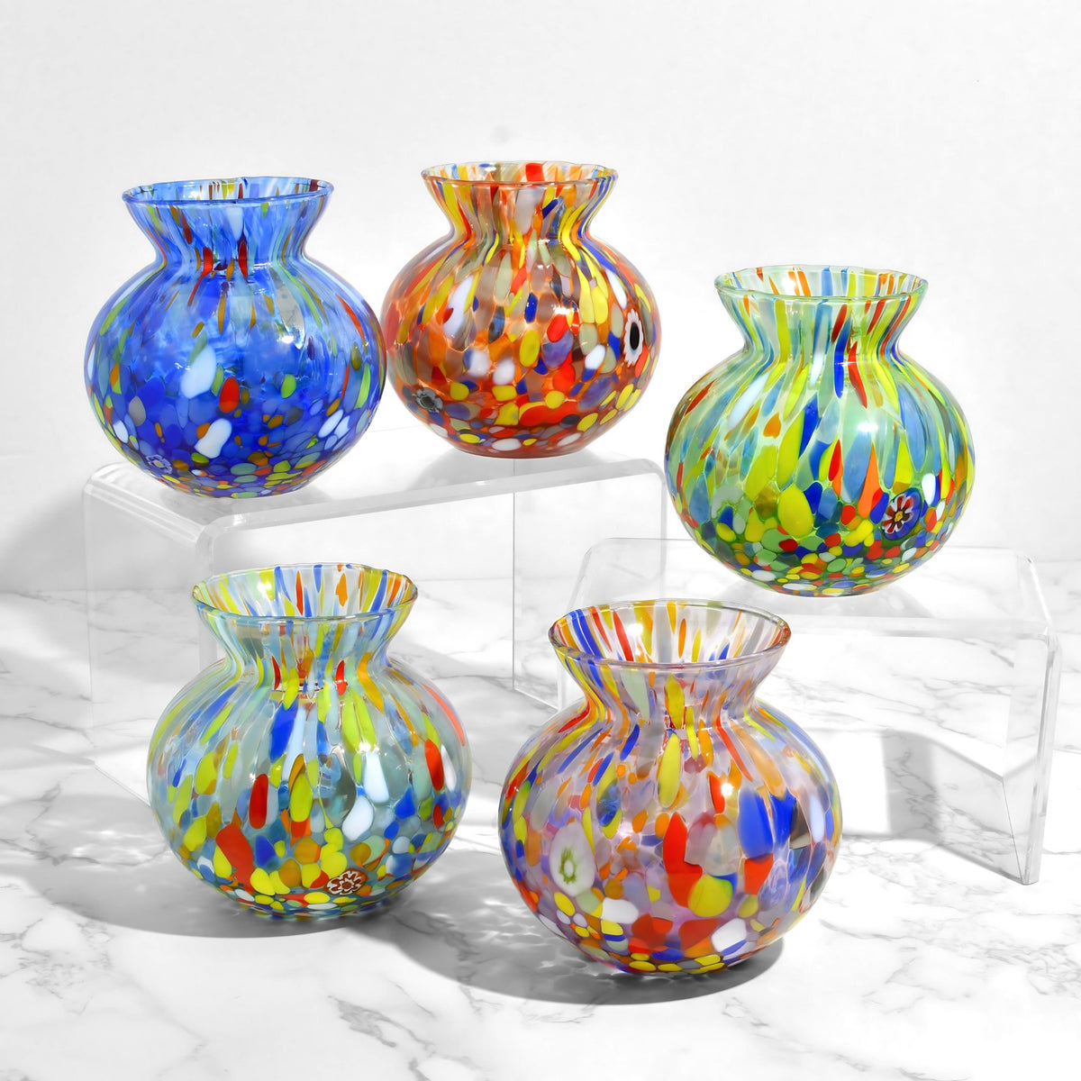 Tulip Round Murano Glass Small Vase with Millefiori, Made In Italy