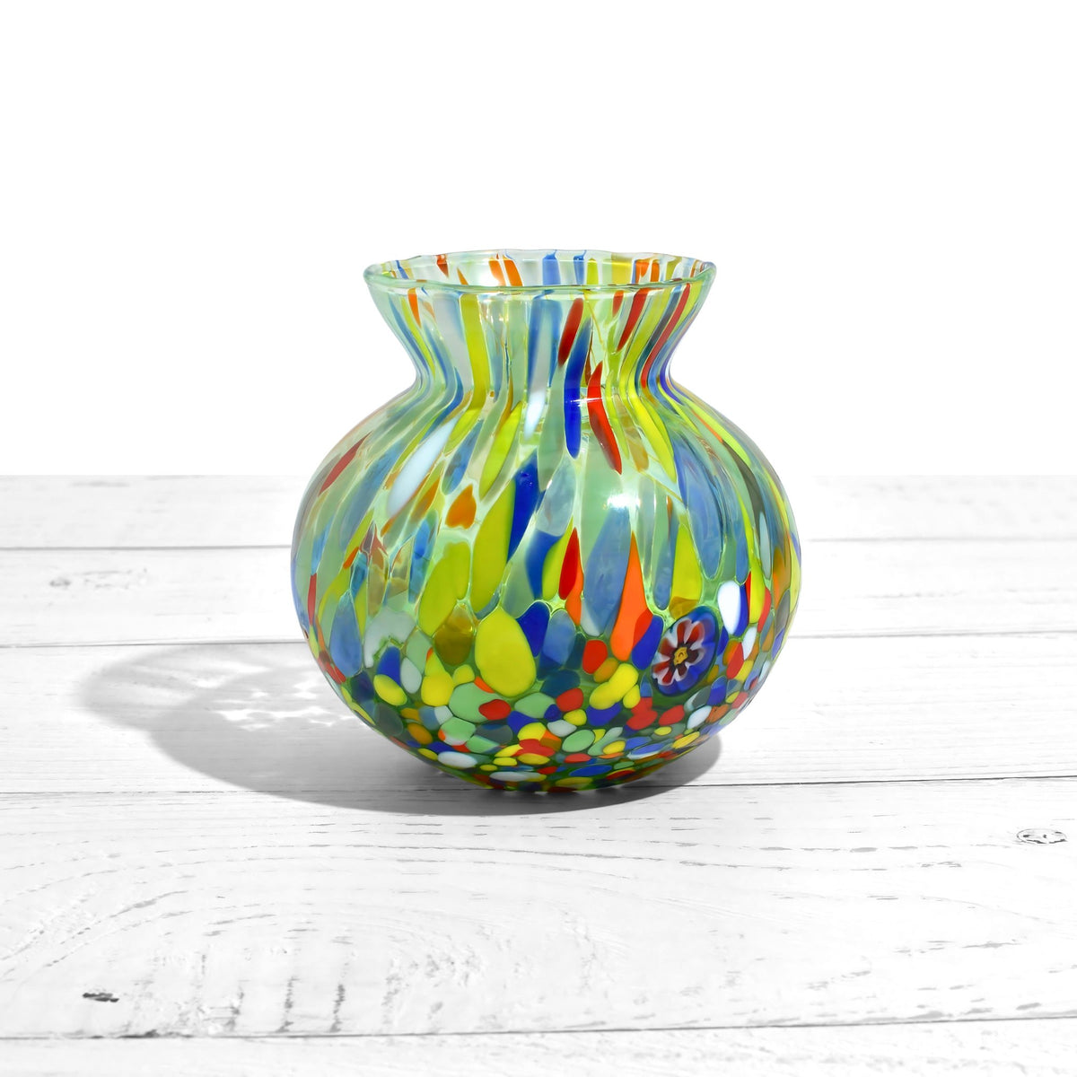 Tulip Round Murano Glass Small Vase with Millefiori, Made In Italy