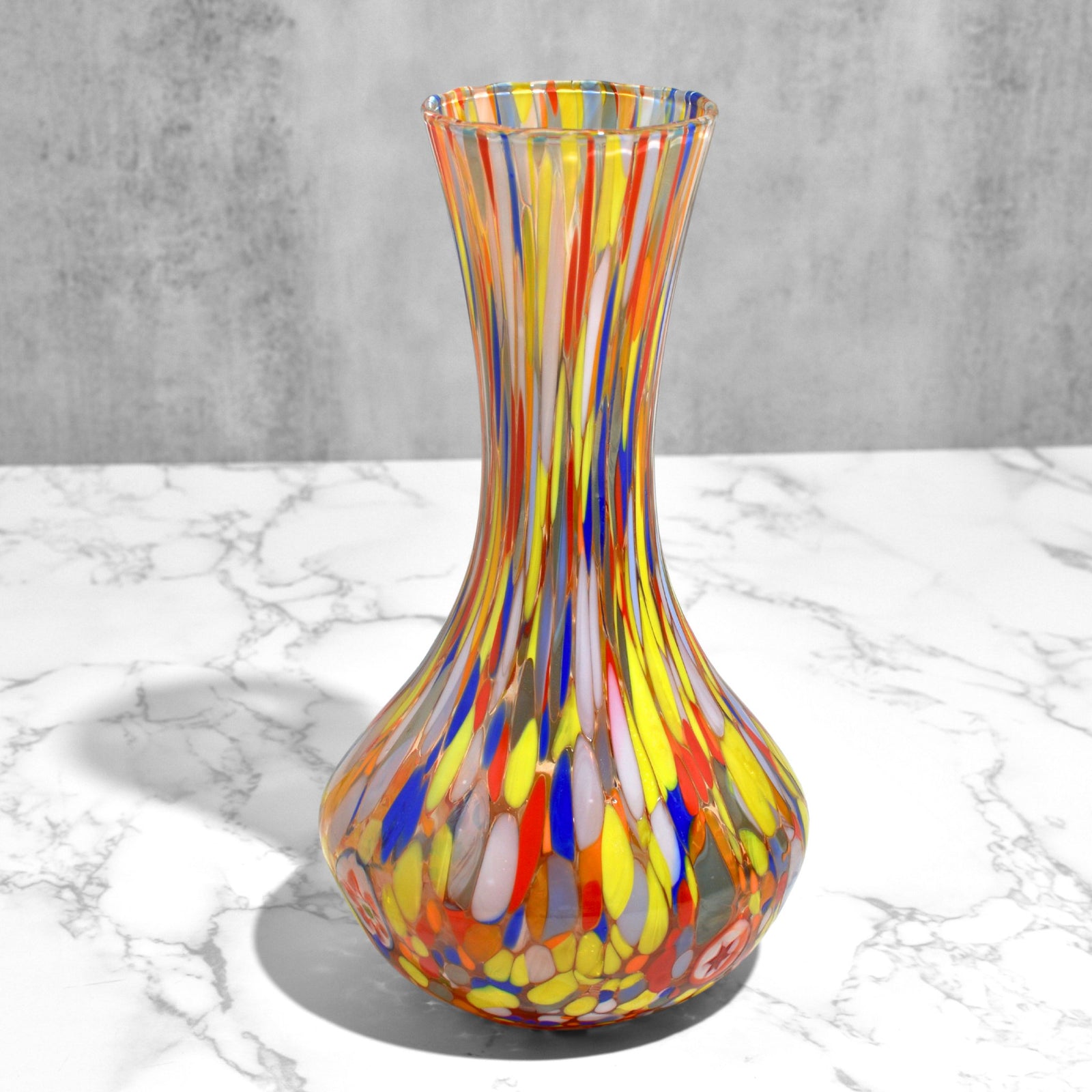 Green and cobalt Murano glass tulip vase with light blue and rose accents, handcrafted Italian vase by MyItalianDecor.
