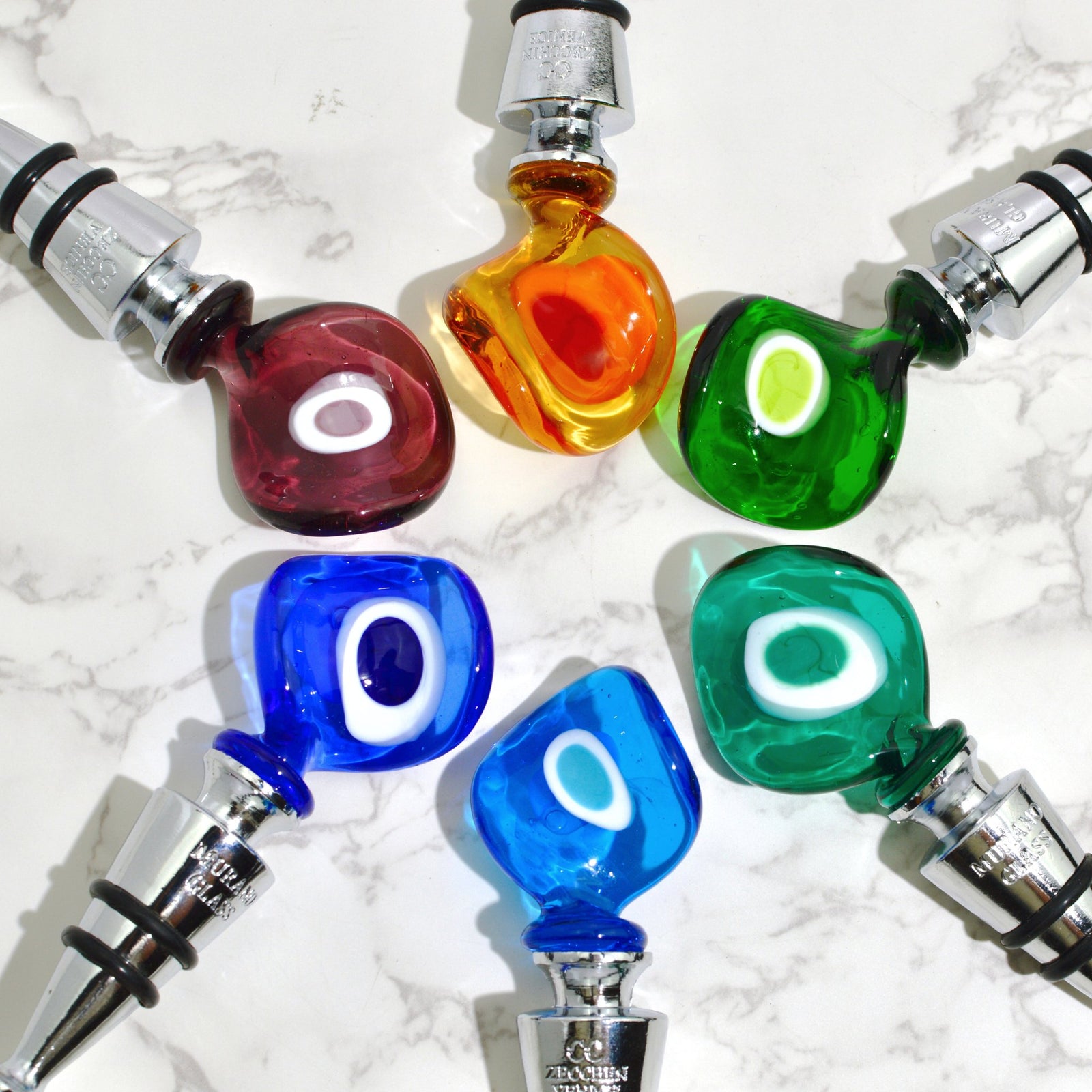 DZ Murano Glass Twist Wine Stopper in various colors, handcrafted Italian bottle stopper for preserving wine freshness.