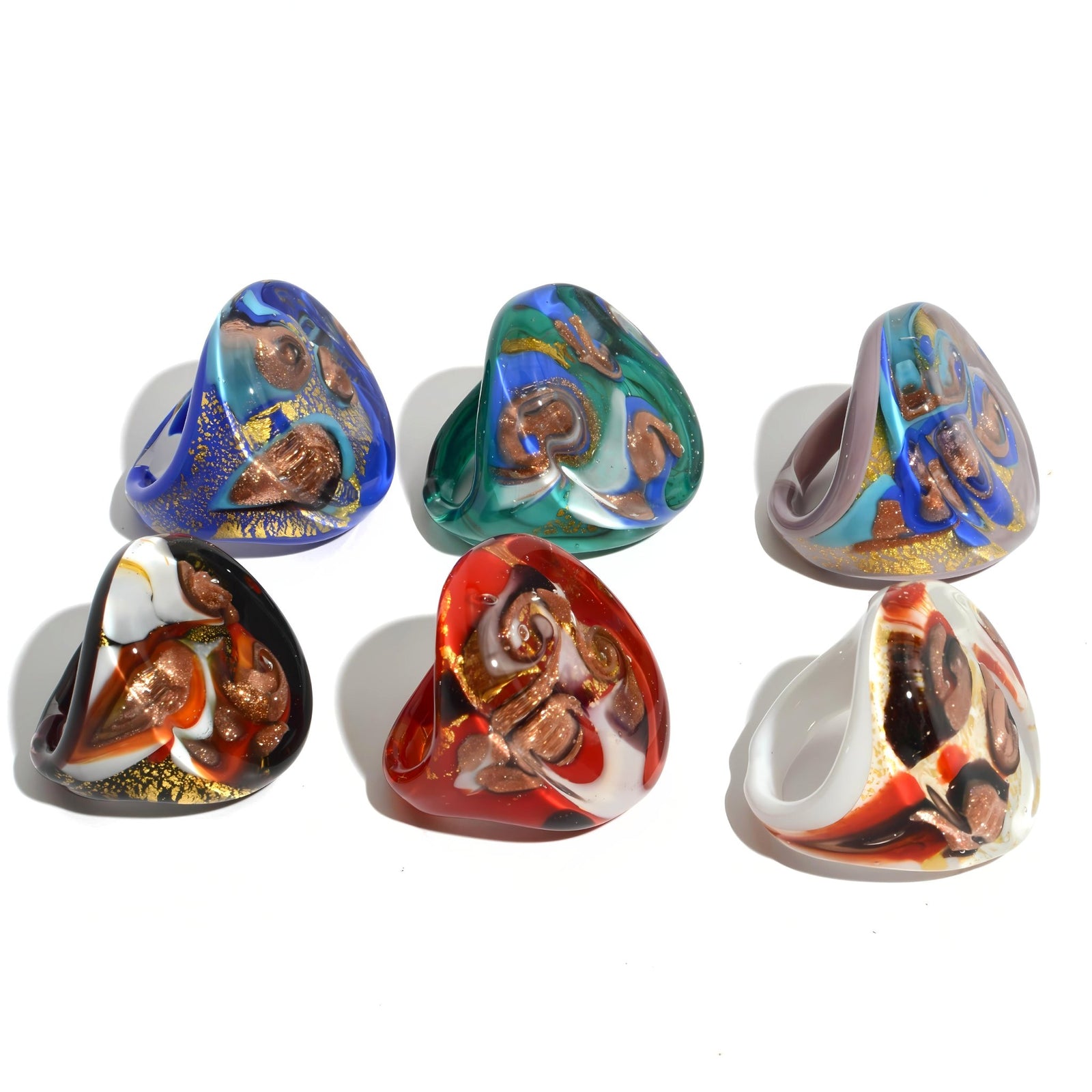 Colorful Venice Glass statement rings by MyItalianDecor, handcrafted in Italy, featuring vibrant glass designs on elegant rings.
