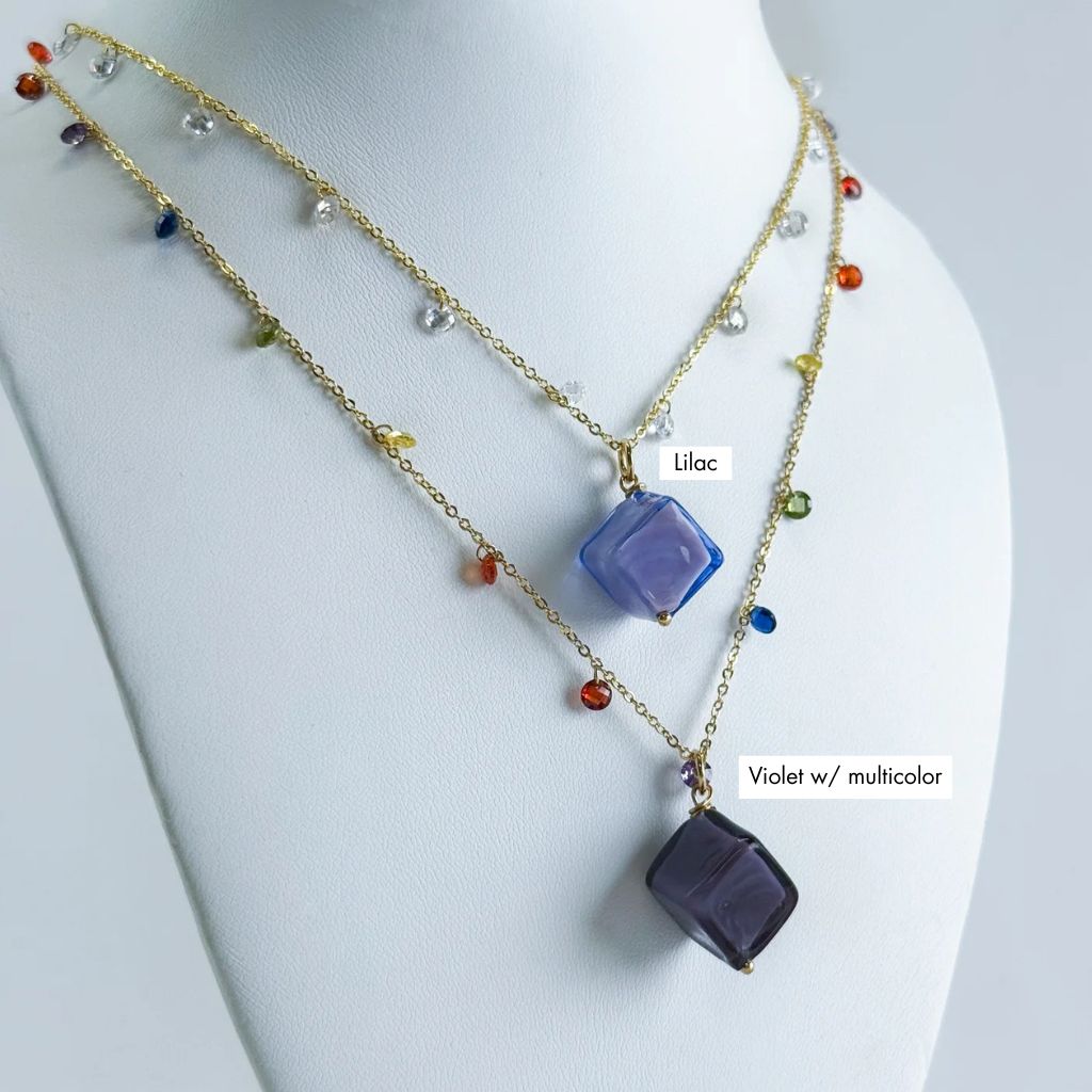 Violet and lilac Murano Glass Dolce necklace handcrafted in Italy, featuring colorful glass beads and elegant design.