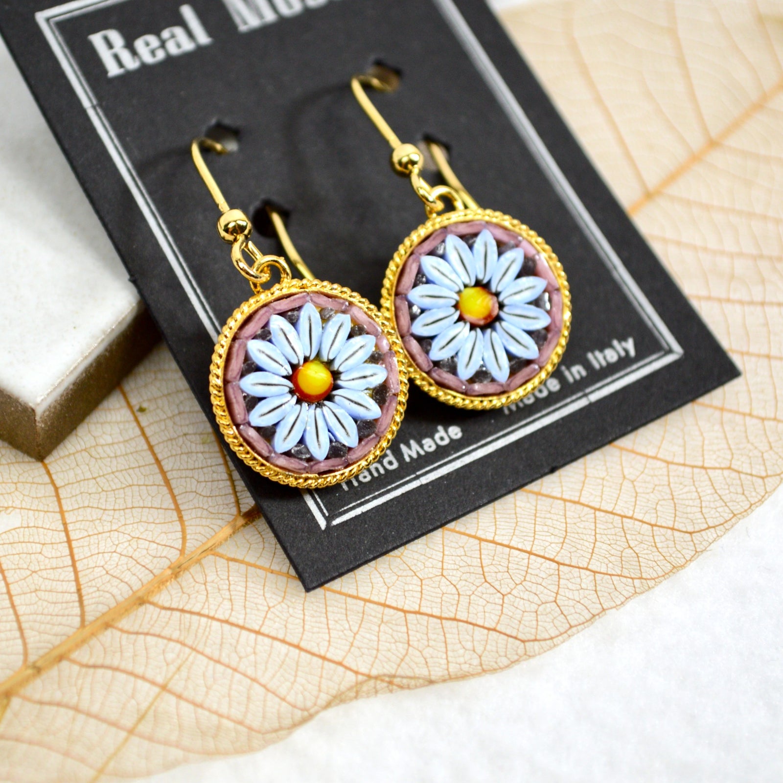 Large Florentine micro mosaic earrings with colorful floral circle design, made in Italy, showcasing intricate blue and red flower patterns.