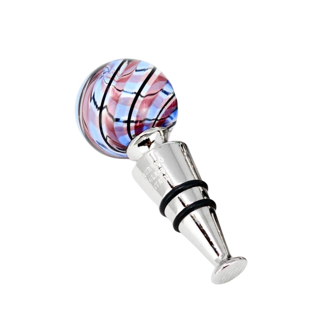 Set of Murano glass wine stoppers in blue with filigrana design, made in Italy, designed to preserve wine freshness.