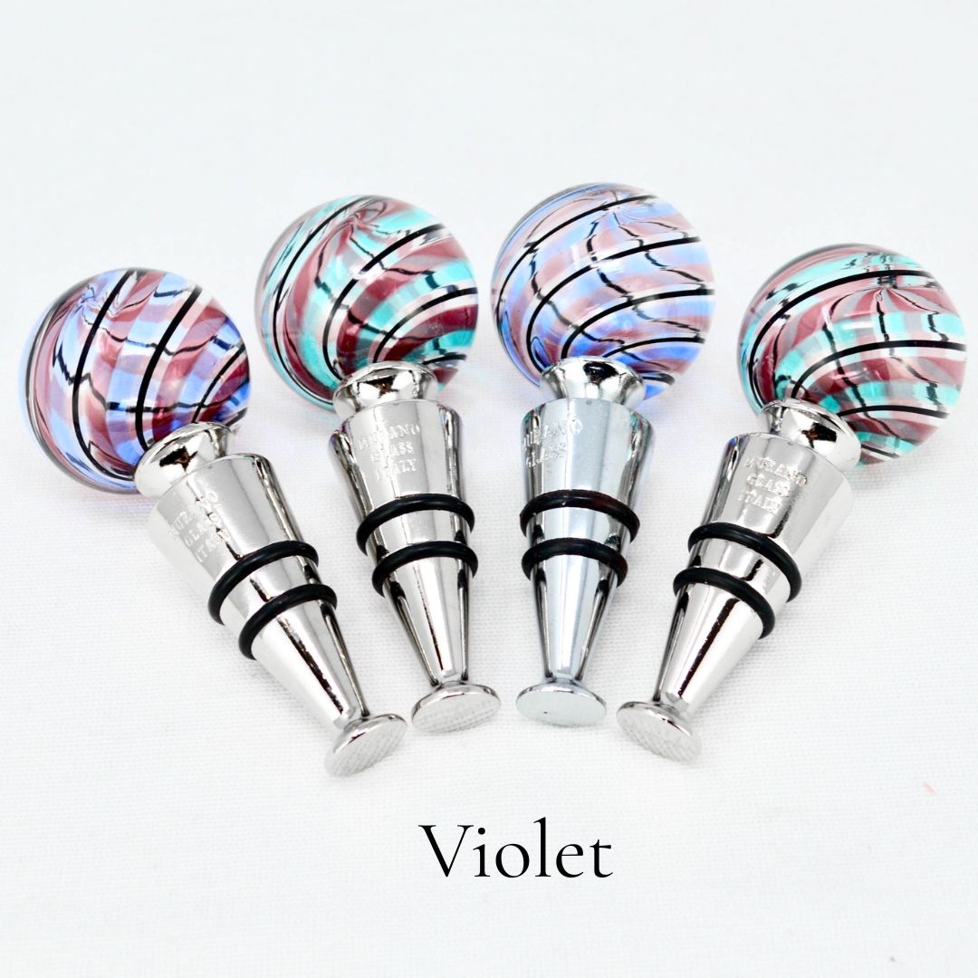 Violet Murano glass wine stoppers from Italy, decorative bottle stoppers made by MyItalianDecor, elegant and colorful.