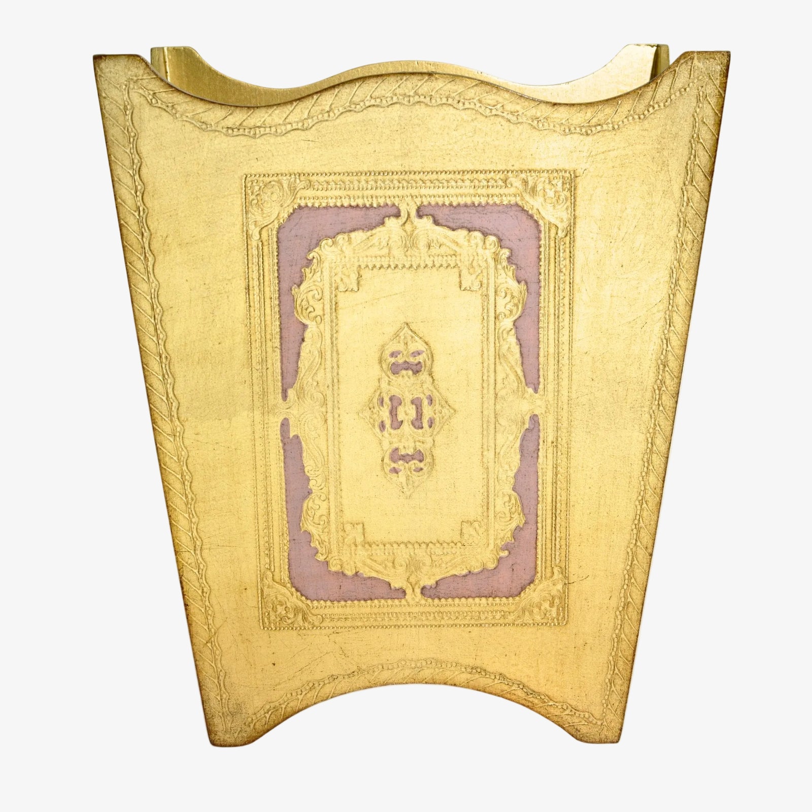 Pink and gold Florentine carved wood waste bin by My Italian Decor, featuring intricate designs for elegant waste disposal.