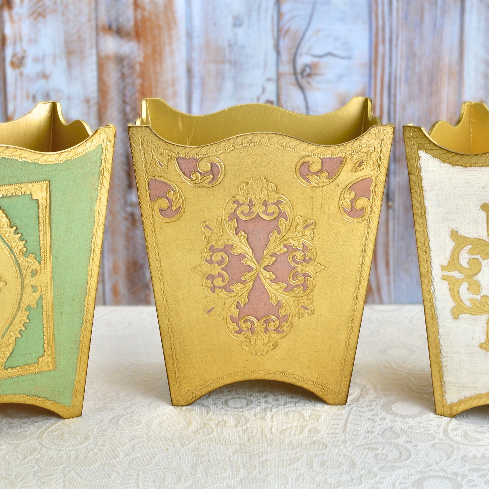 Pink and gold Florentine carved wood waste bin by My Italian Decor, featuring intricate design for stylish trash storage.