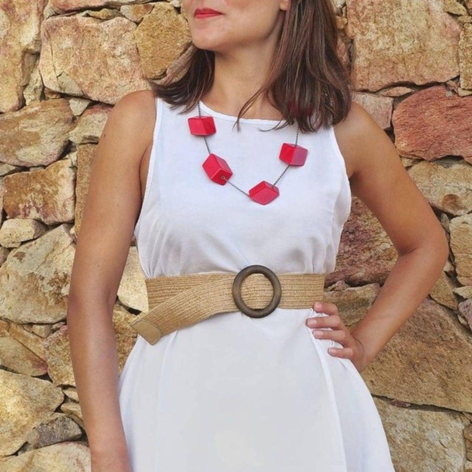 Handcrafted Italian jewelry set featuring a Lodi red Cubi earring and necklace with geometric design.