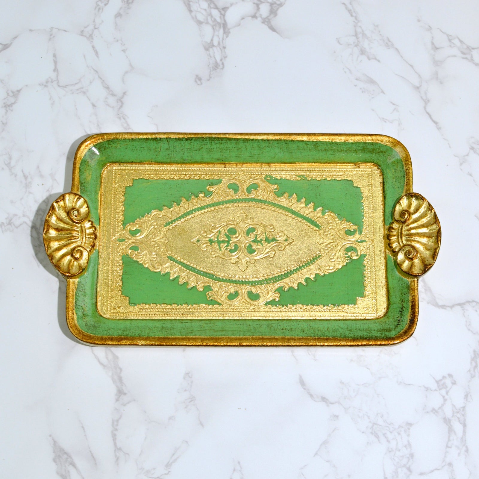 Florentine carved wood rectangle mini tray with shell handles, decorative Italian tray by My Italian Decor, made in Italy.