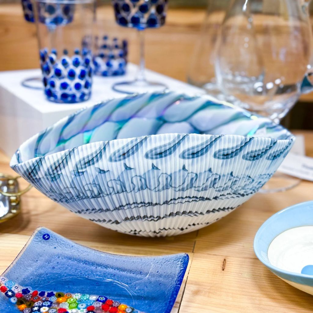 Blue Murano glass shell bowl, 12-inch decorative Italian-made bowl with folded design, by My Italian Decor.