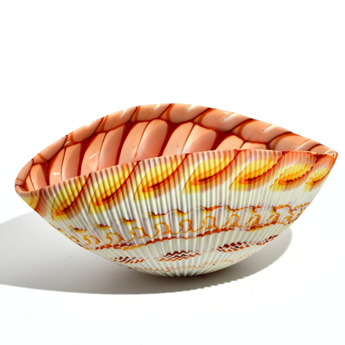 Murano Glass 12&quot; Red/Orange Spiderweb Shell Bowl