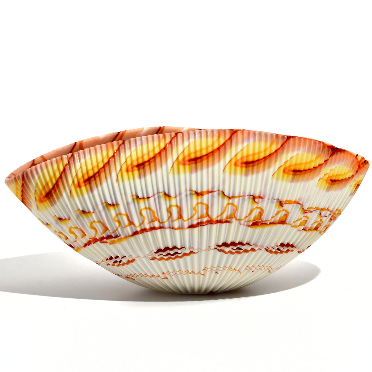 Murano Glass 12&quot; Red/Orange Spiderweb Shell Bowl