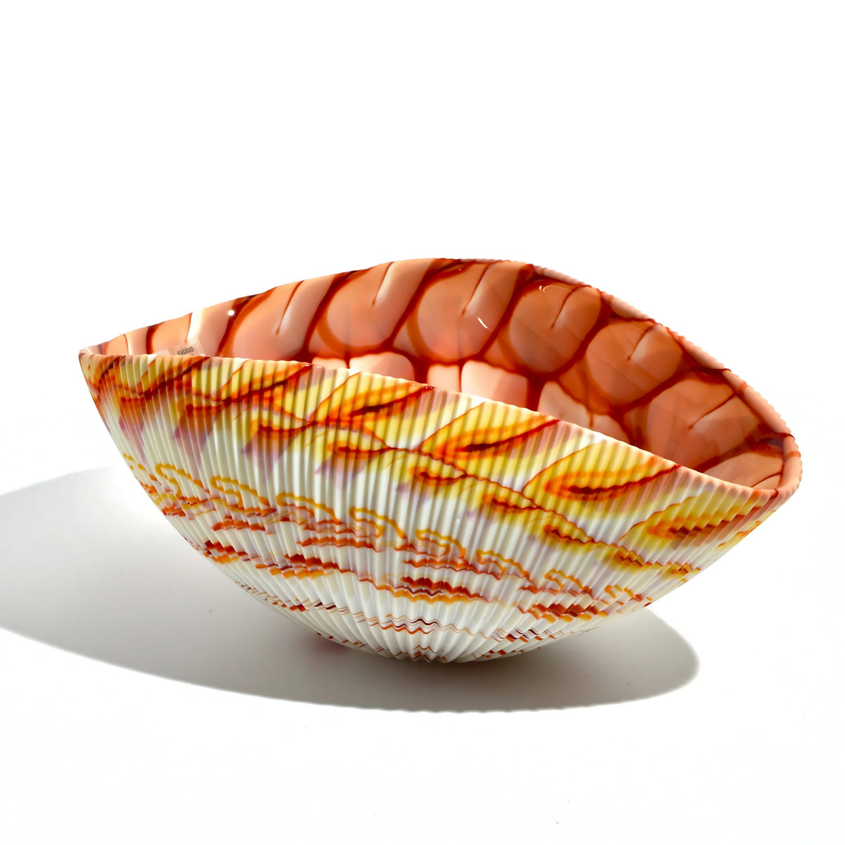 Murano Glass 12&quot; Red/Orange Spiderweb Shell Bowl