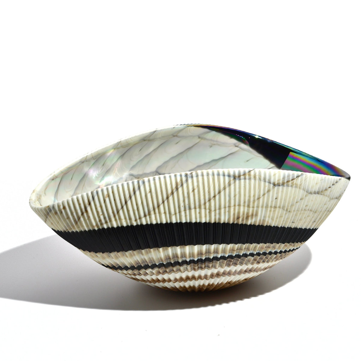 Murano Glass 12&quot; Ivory and Black Shell Bowl, Made in Italy