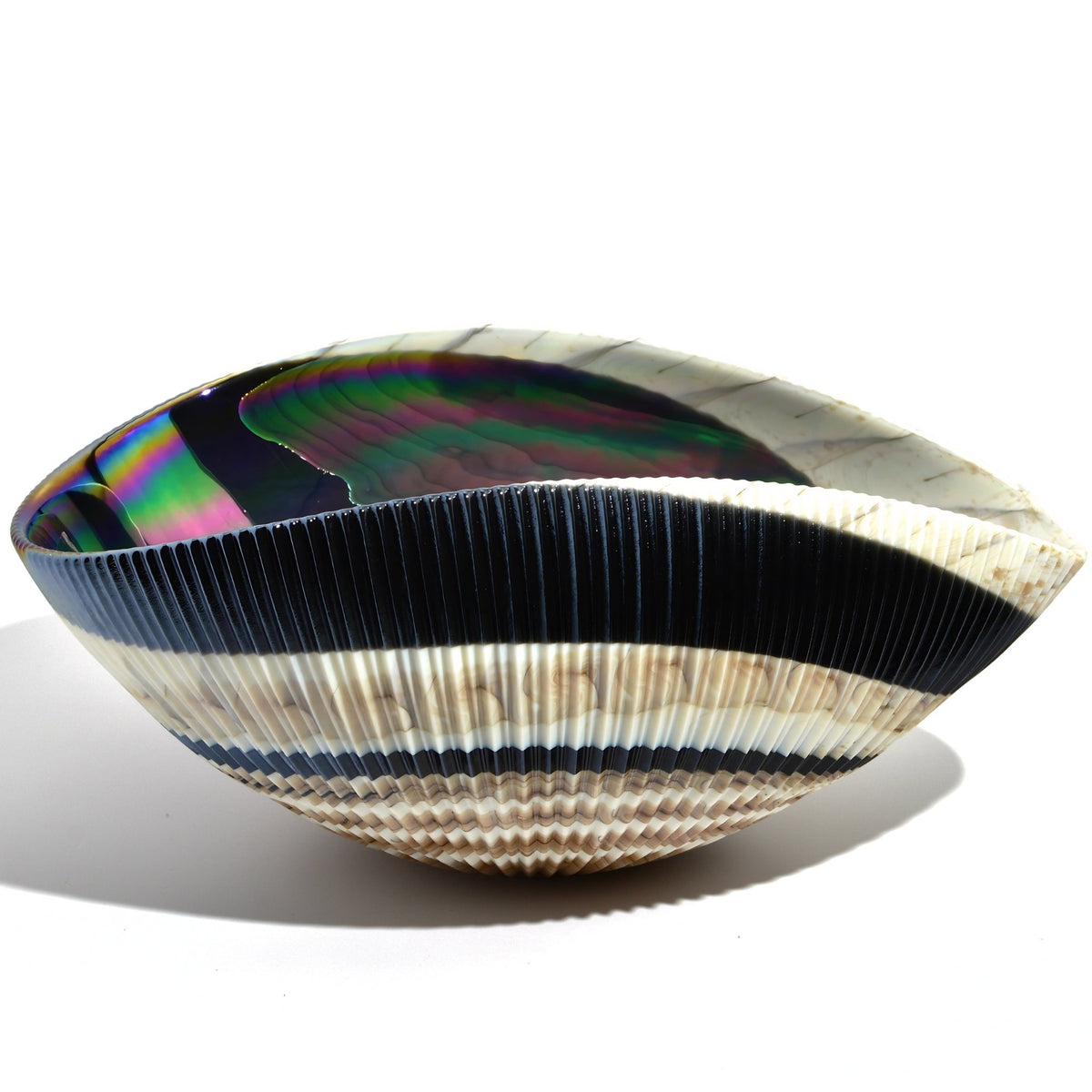 Murano Glass 12&quot; Ivory and Black Shell Bowl, Made in Italy