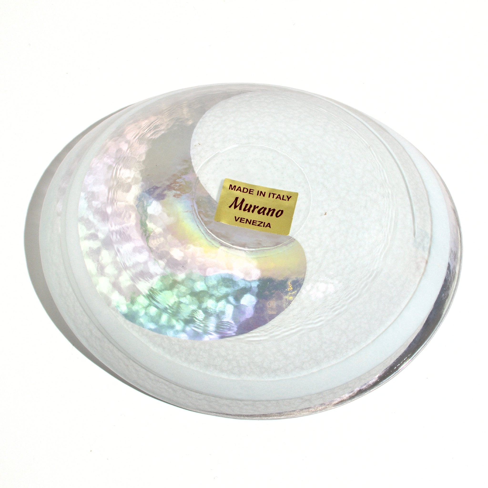 White Murano glass shallow spiral bowl with a white bottom, handcrafted Italian glassware by My Italian Decor.