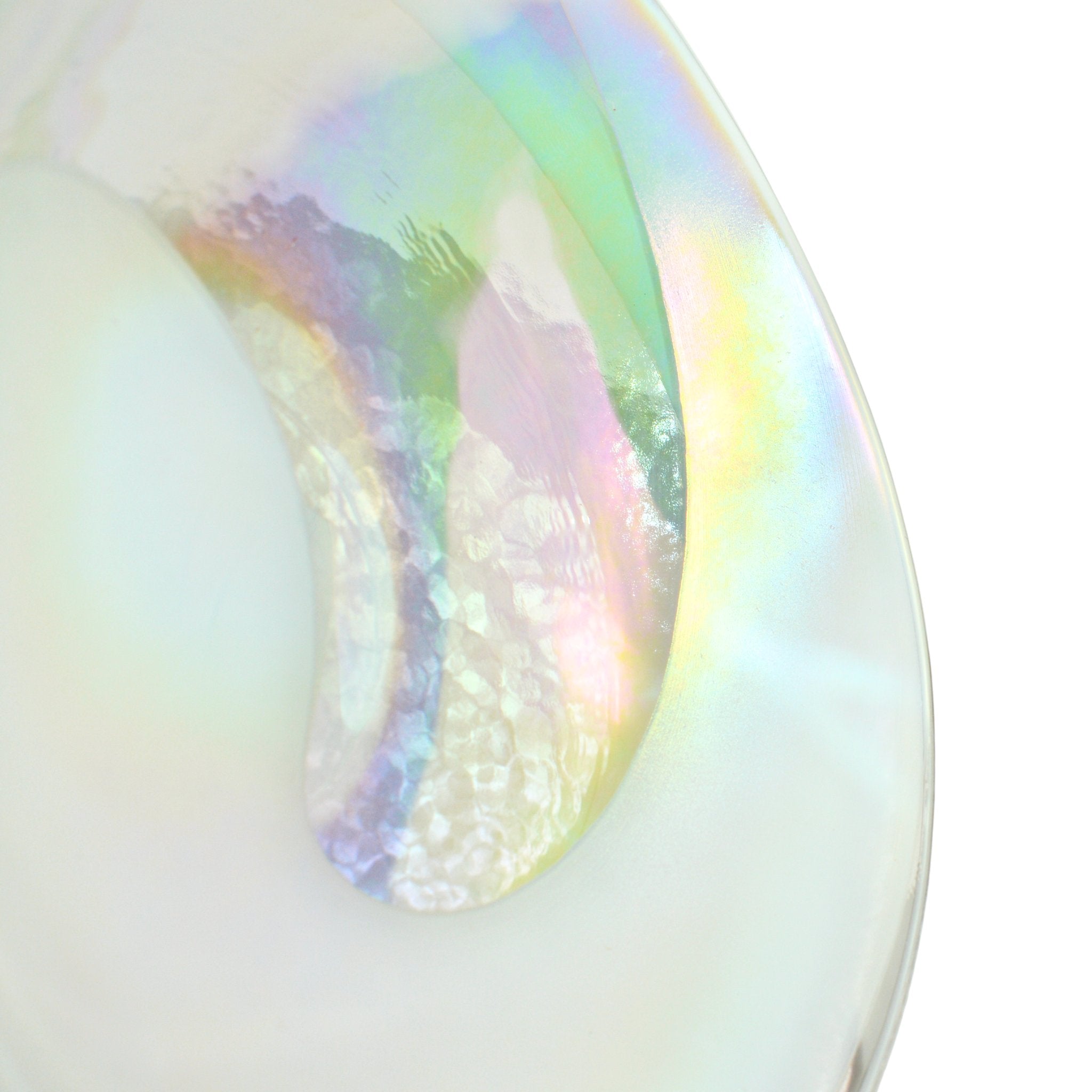 White Murano glass shallow spiral bowl with rainbow accents, handcrafted Italian art piece by My Italian Decor.